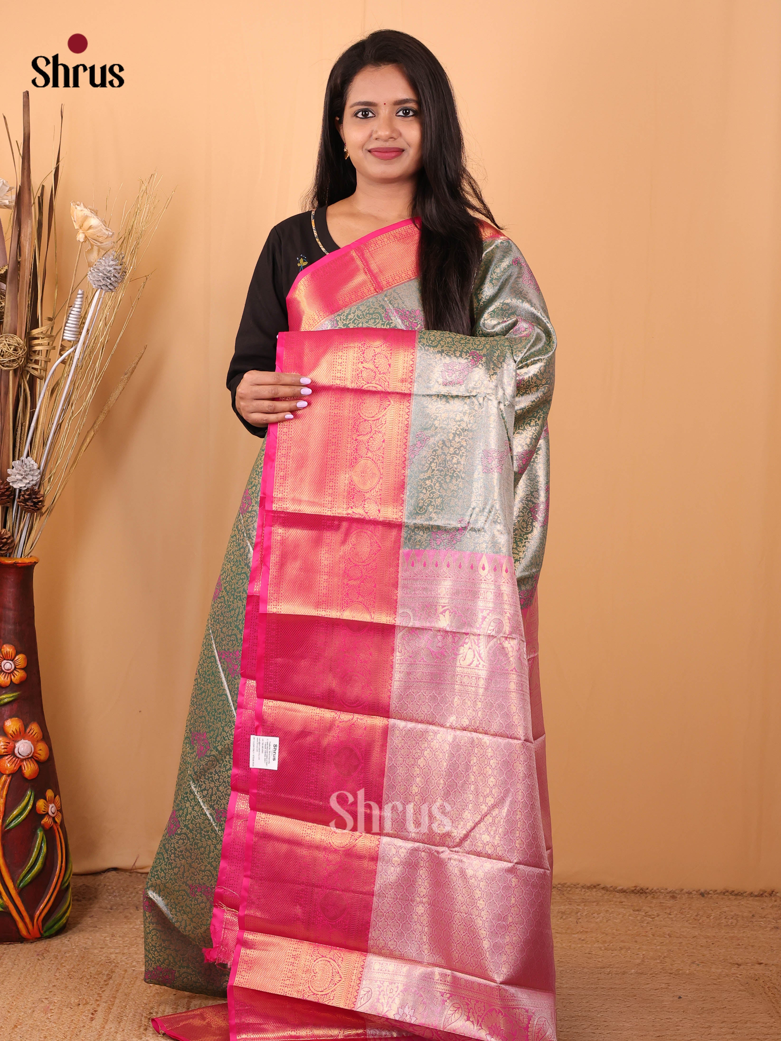 Green & Pink - Kanchipuram-halfpure Saree - Shop on Shrus.com