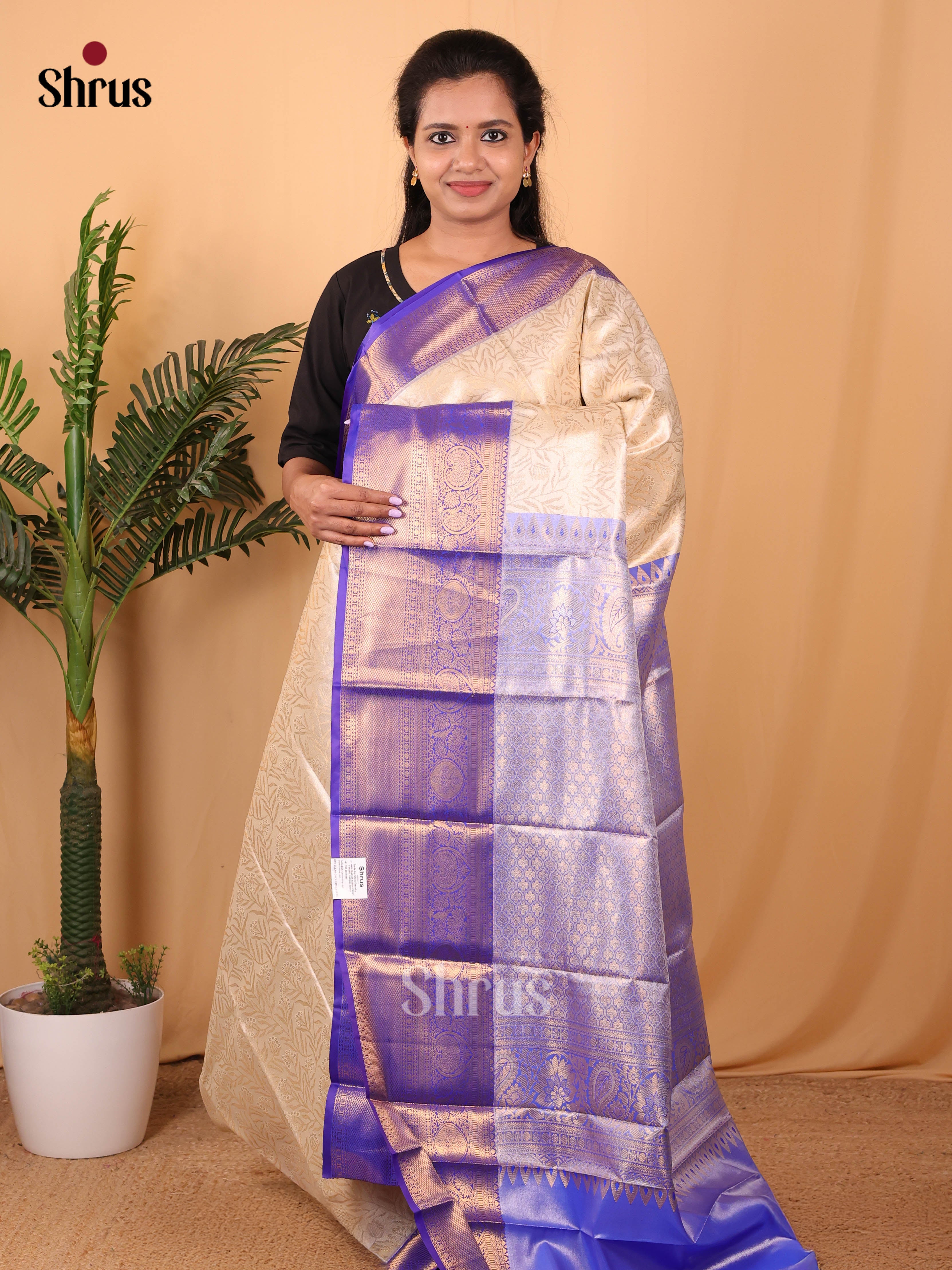 Cream & Blue - Kanchipuram-halfpure Saree - Shop on Shrus.com