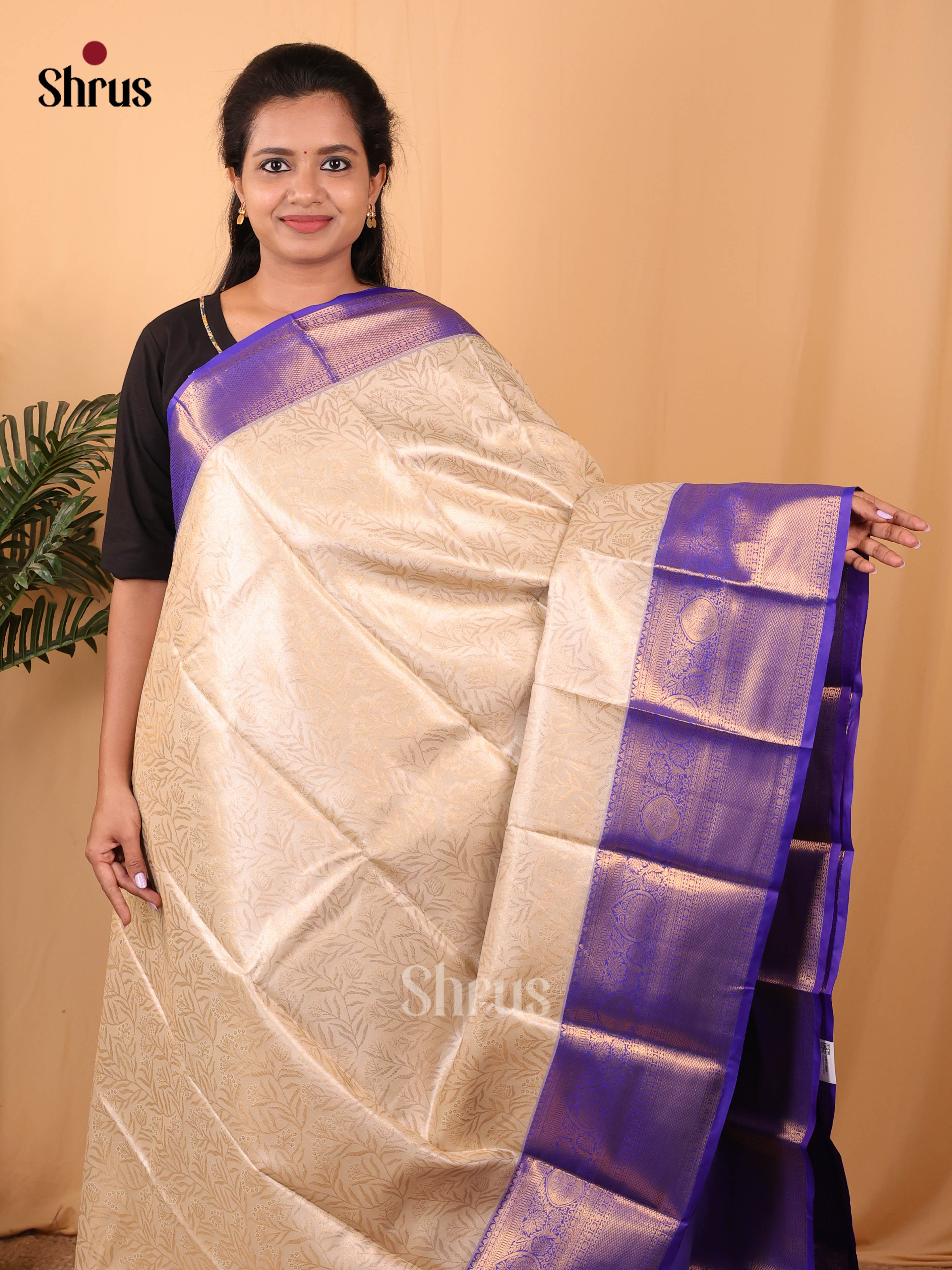 Cream & Blue - Kanchipuram-halfpure Saree - Shop on Shrus.com
