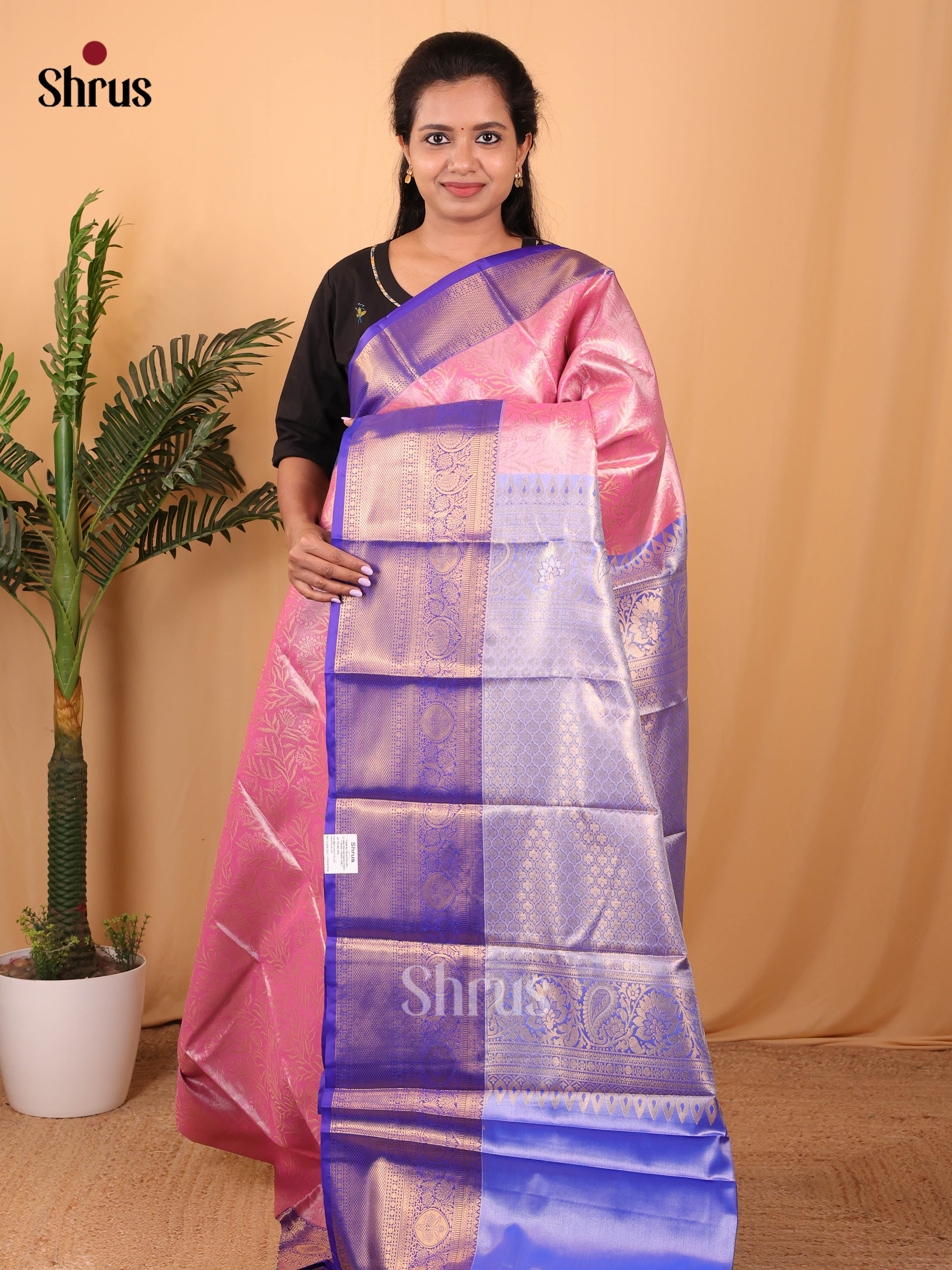 Pink & Blue- Kanchipuram-halfpure Saree - Shop on Shrus.com