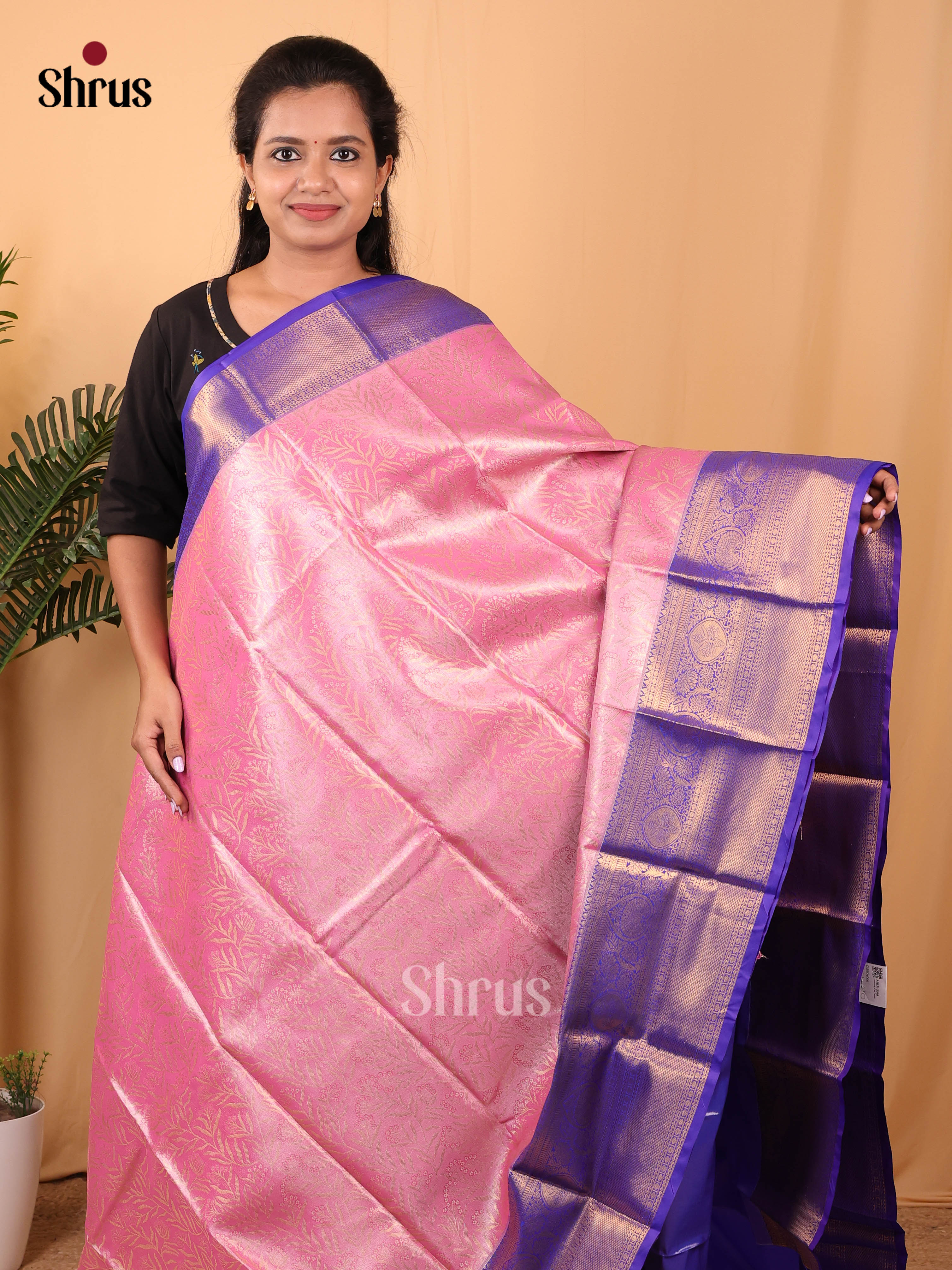 Pink & Blue- Kanchipuram-halfpure Saree - Shop on Shrus.com