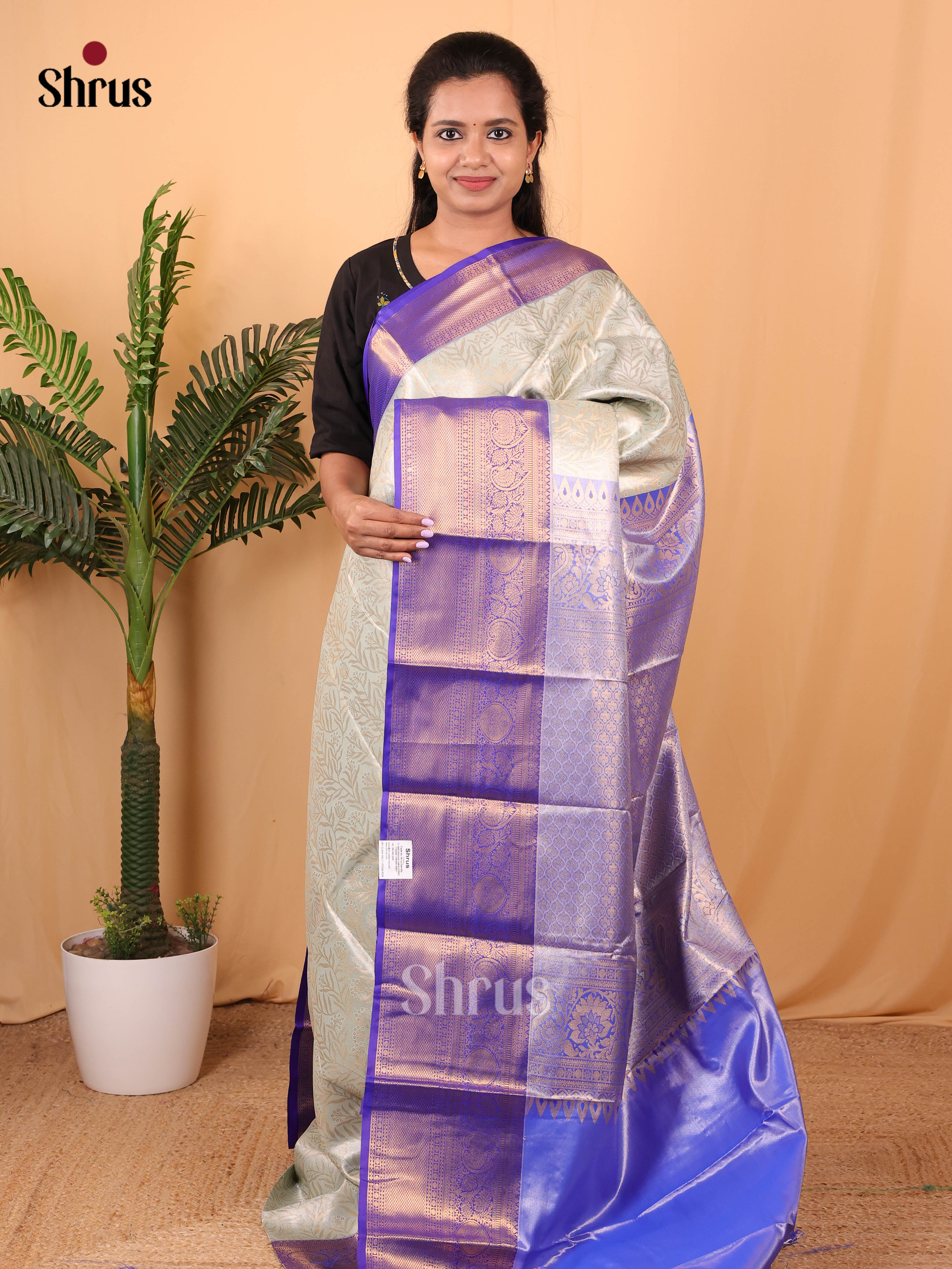 Pastel Green & Blue- Kanchipuram-halfpure Saree - Shop on Shrus.com