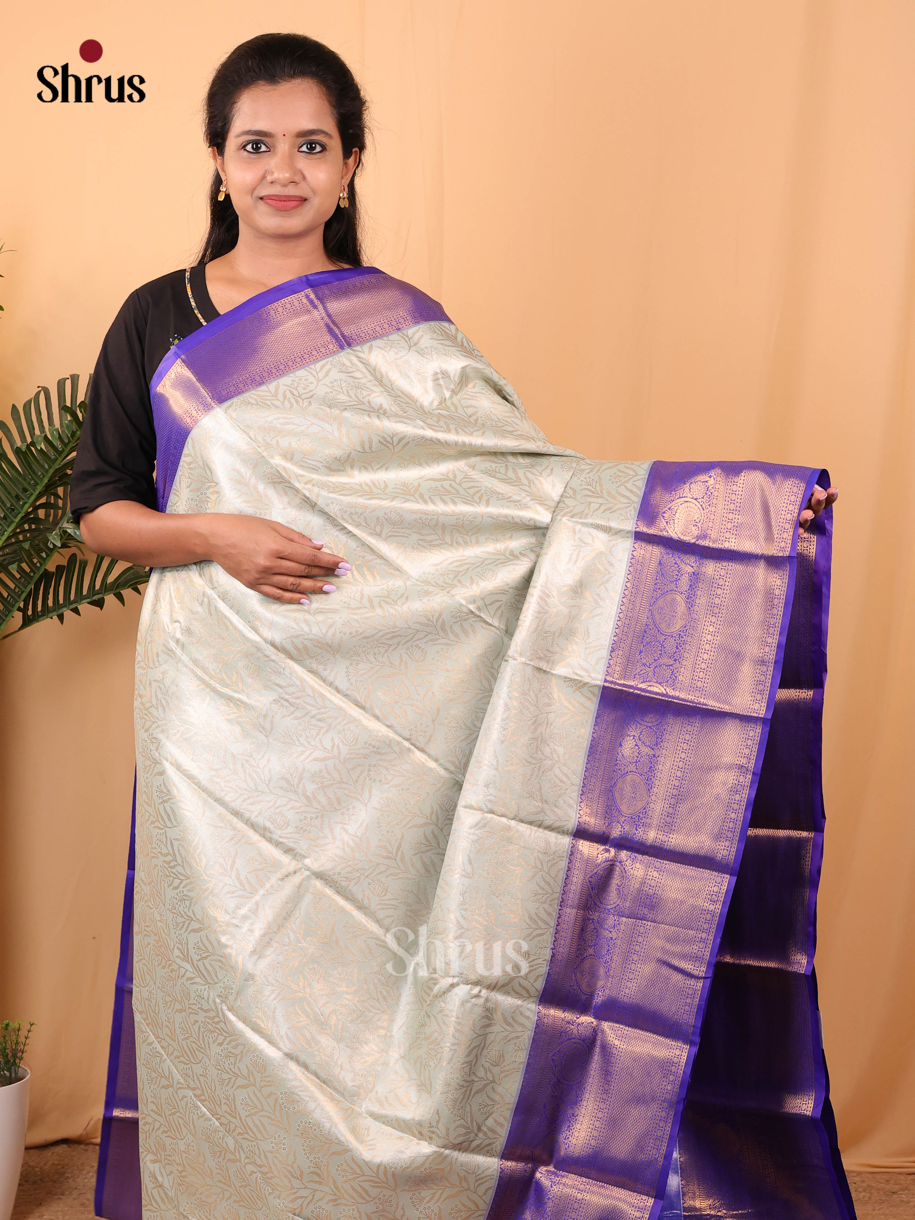 Pastel Green & Blue- Kanchipuram-halfpure Saree - Shop on Shrus.com
