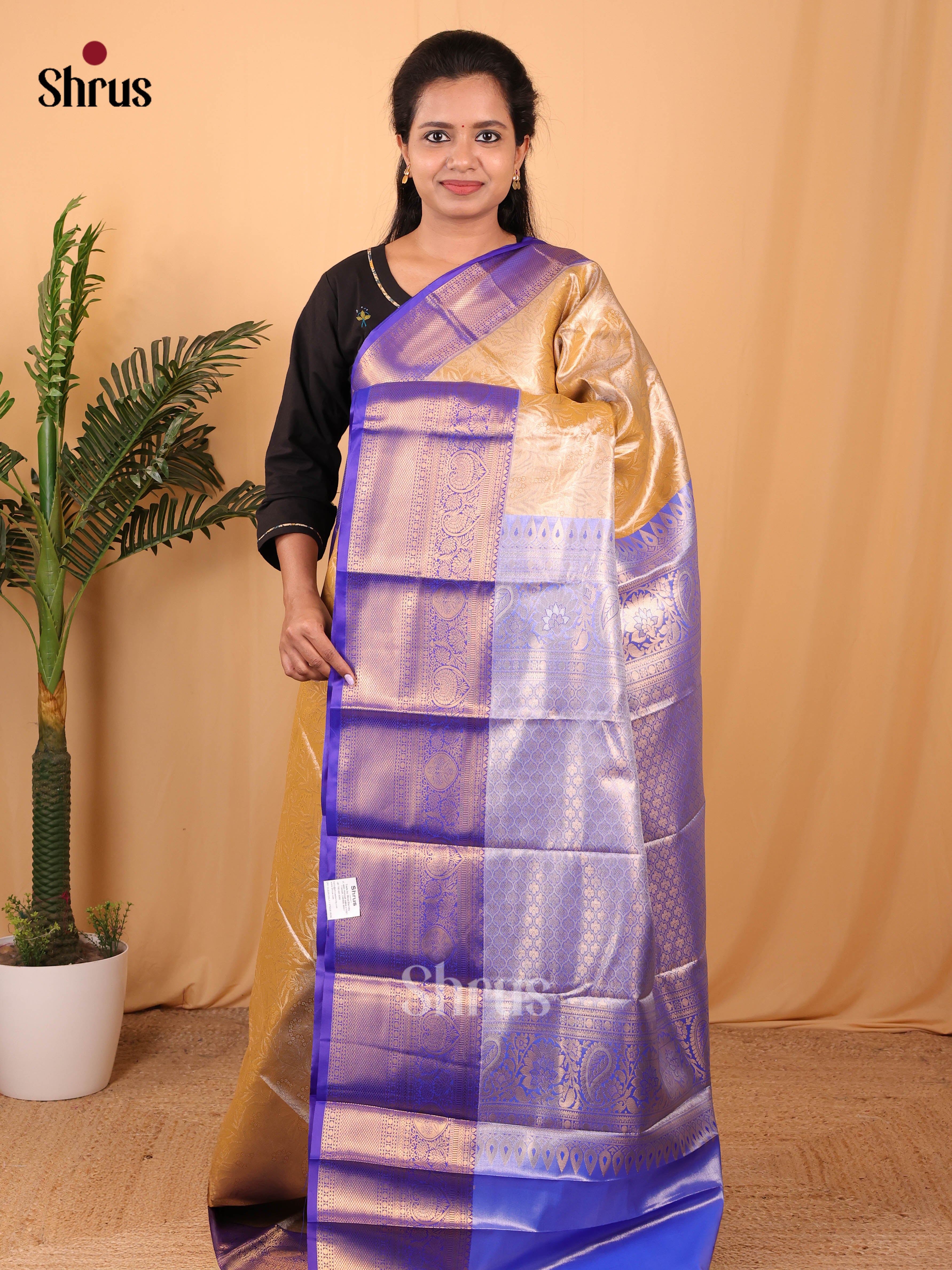 Mustard & Blue - Kanchipuram-halfpure Saree - Shop on Shrus.com