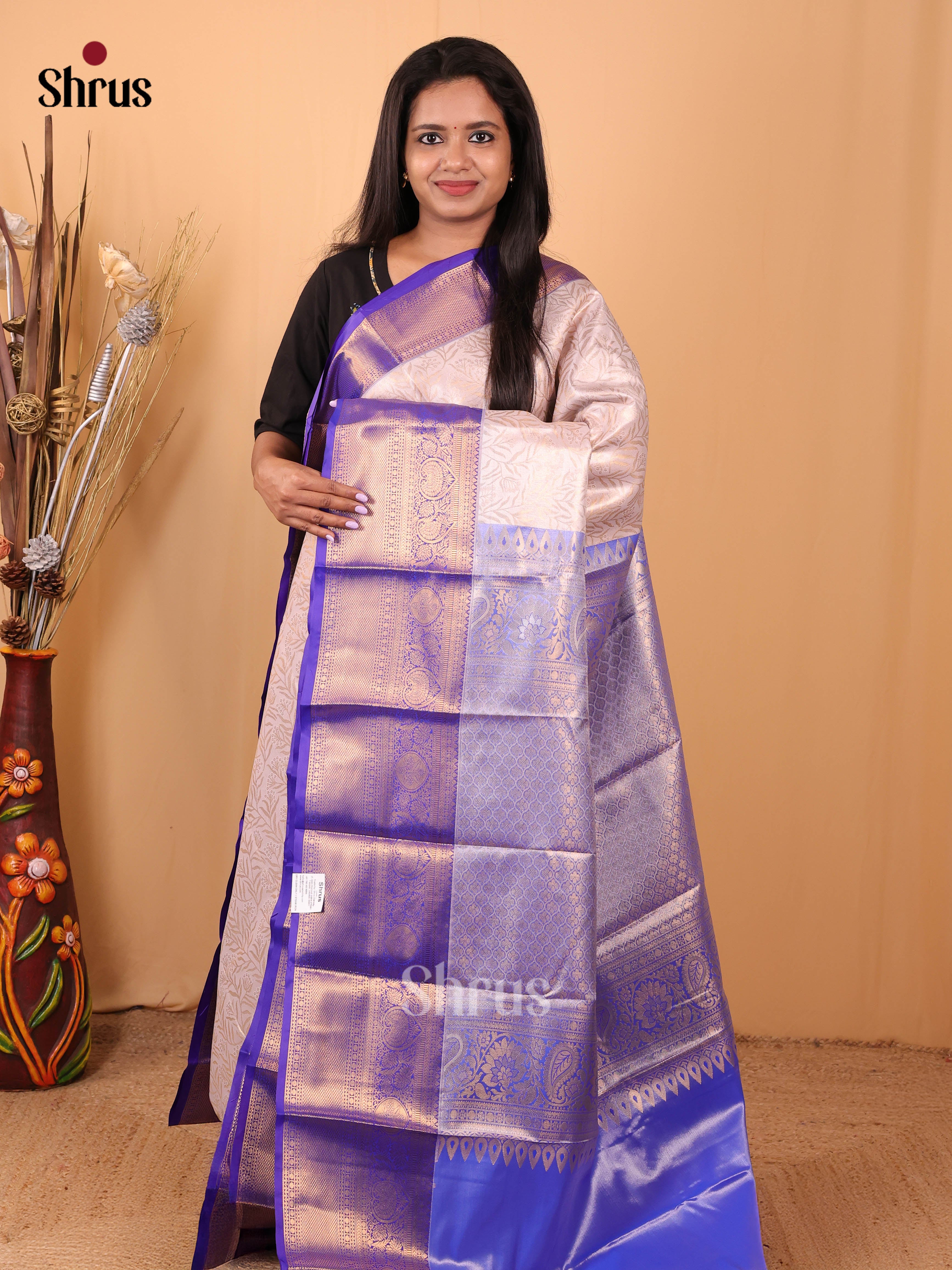 Cream & Blue - Kanchipuram-halfpure Saree - Shop on Shrus.com