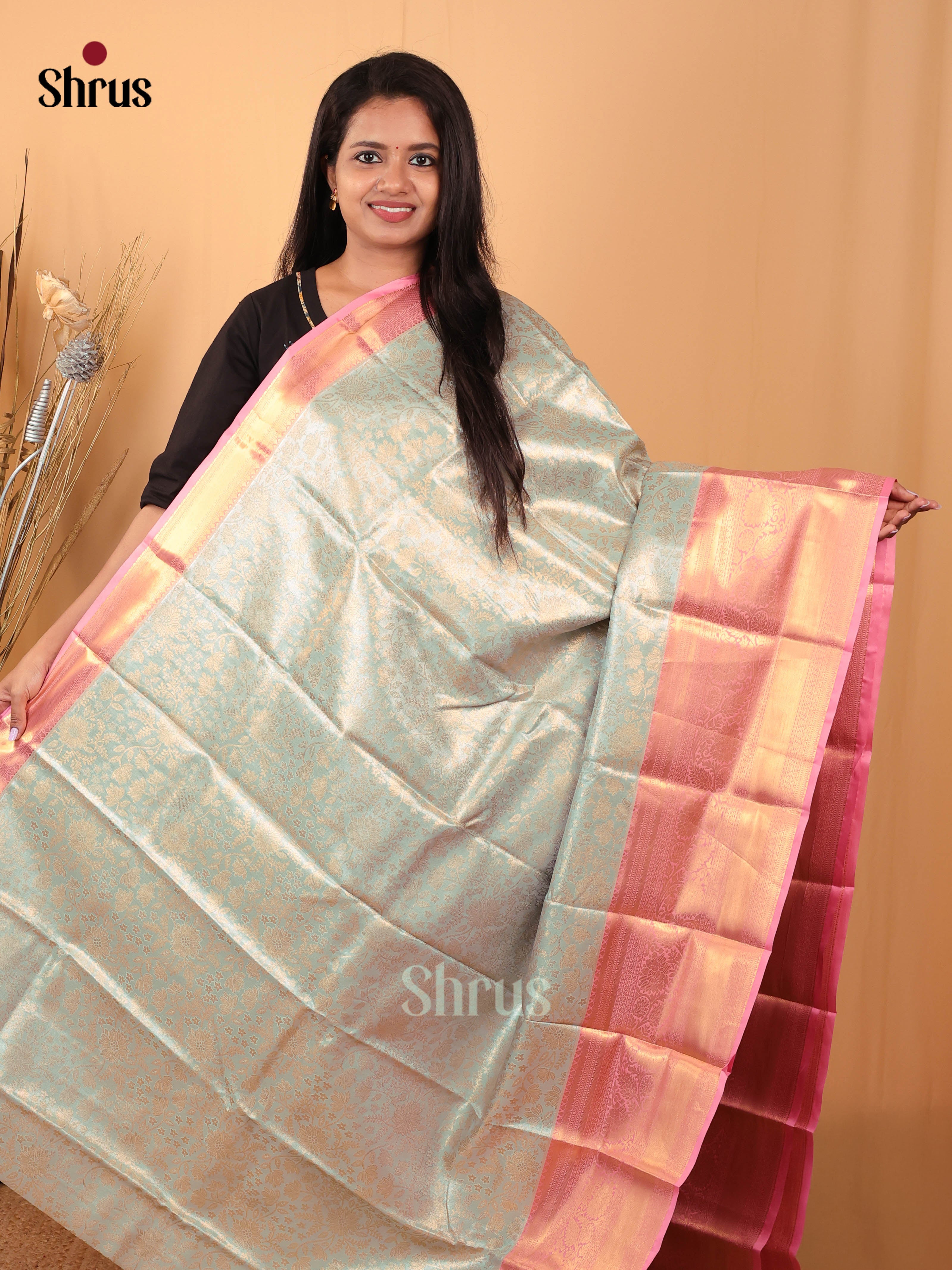 Ice Blue & Pink - Kanchipuram-halfpure Saree - Shop on Shrus.com