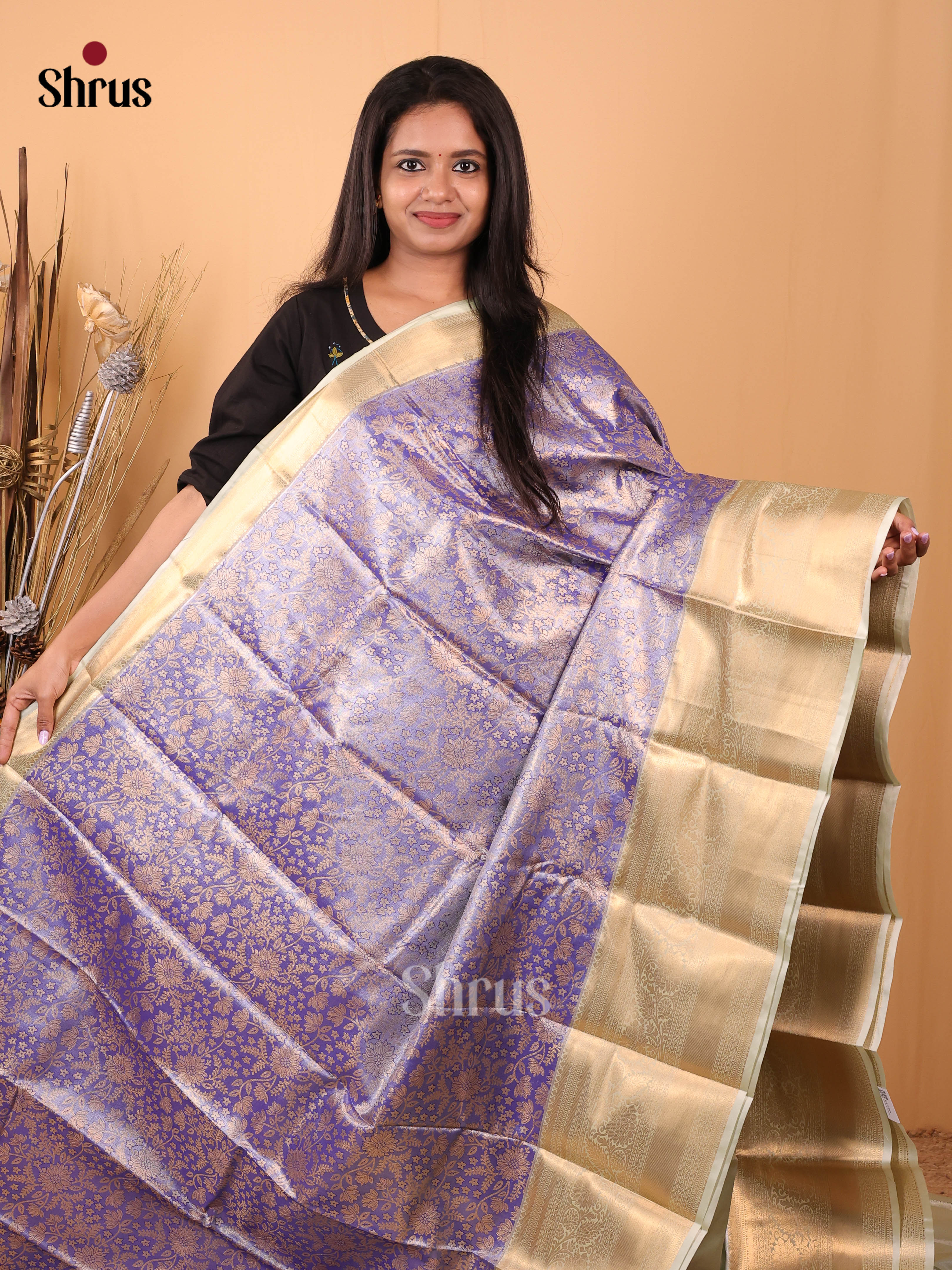 Purple & Cream - Kanchipuram-halfpure Saree - Shop on Shrus.com
