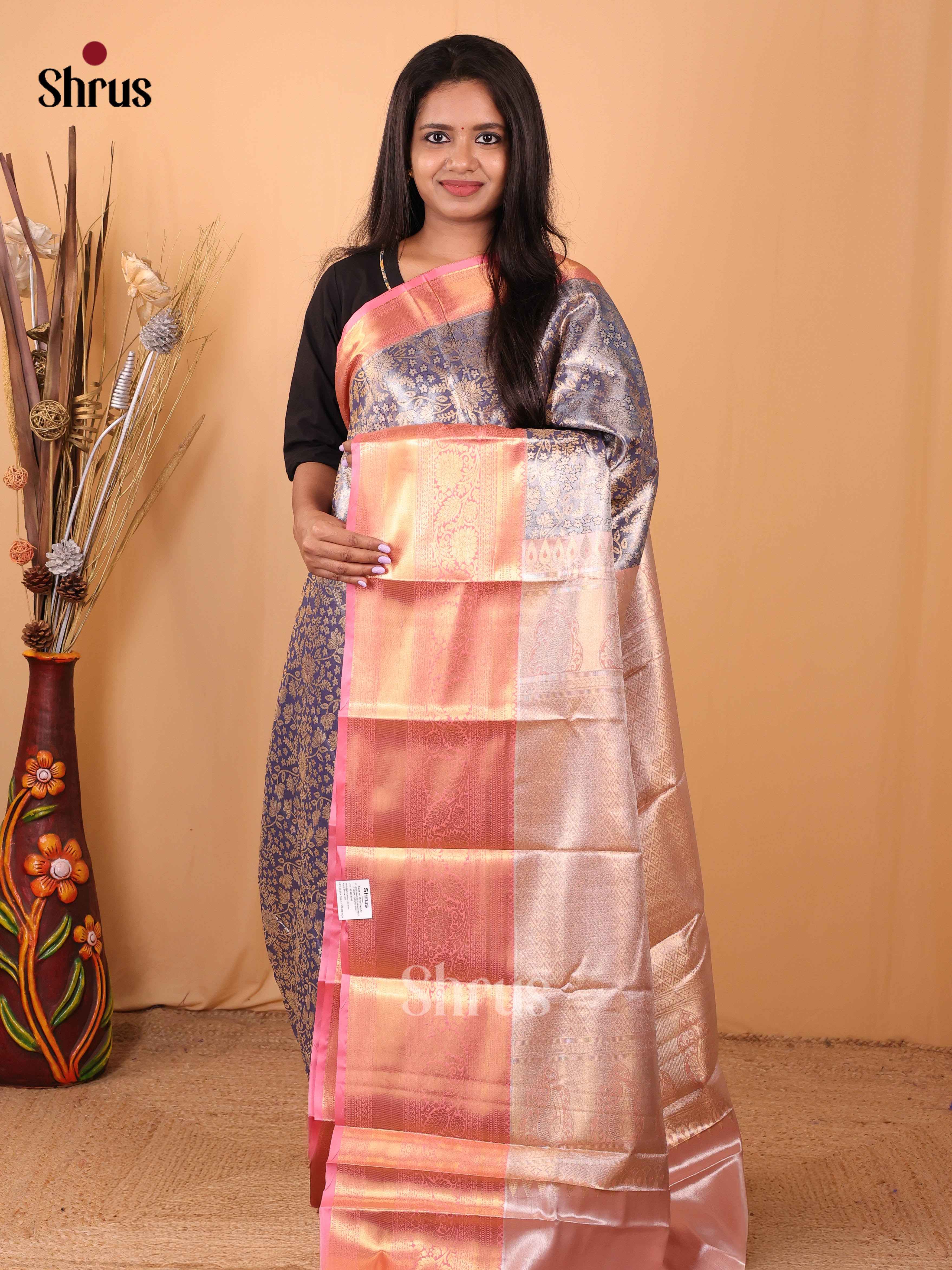 Blue & Pink - Kanchipuram-halfpure Saree - Shop on Shrus.com