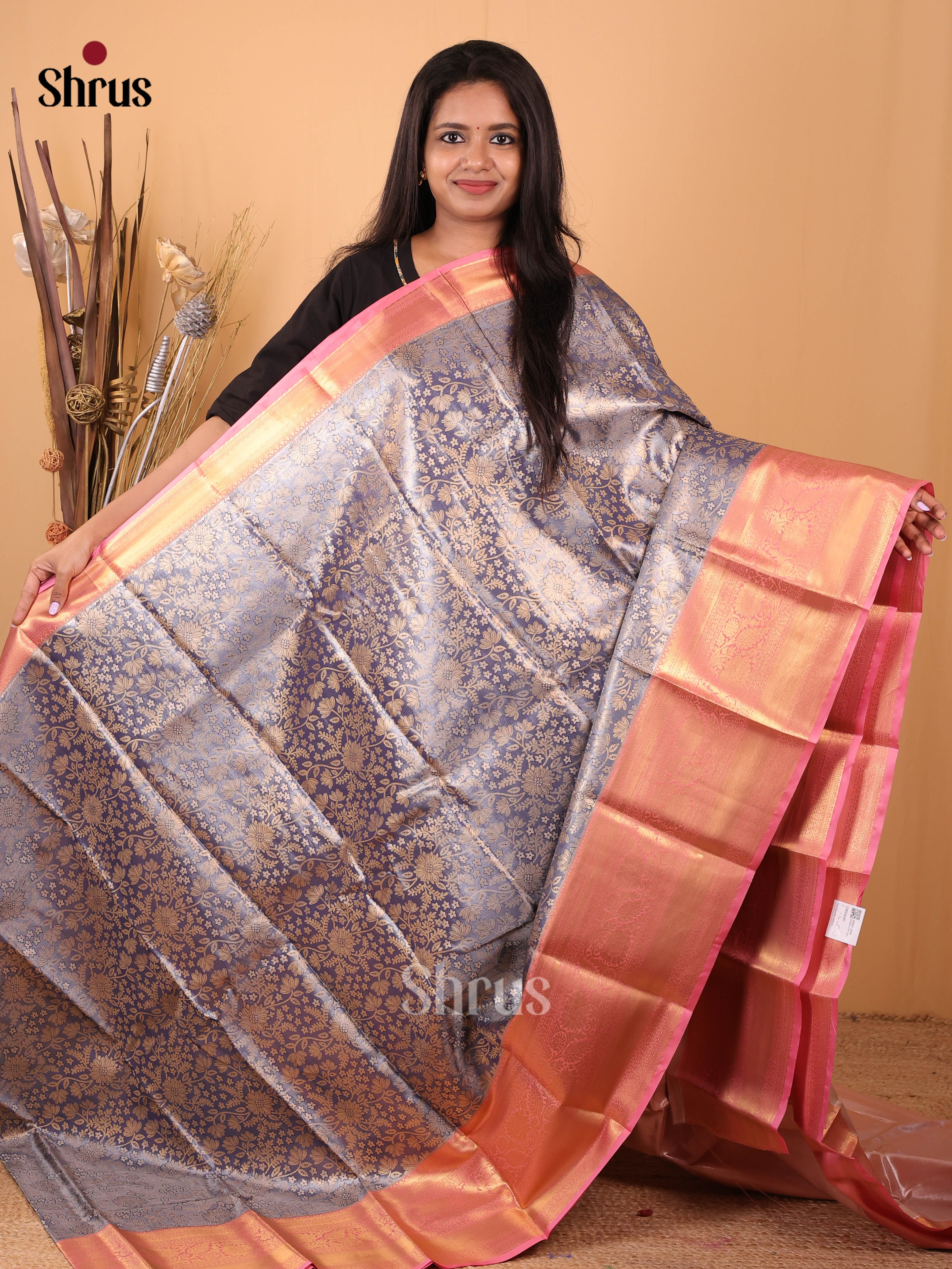 Blue & Pink - Kanchipuram-halfpure Saree - Shop on Shrus.com