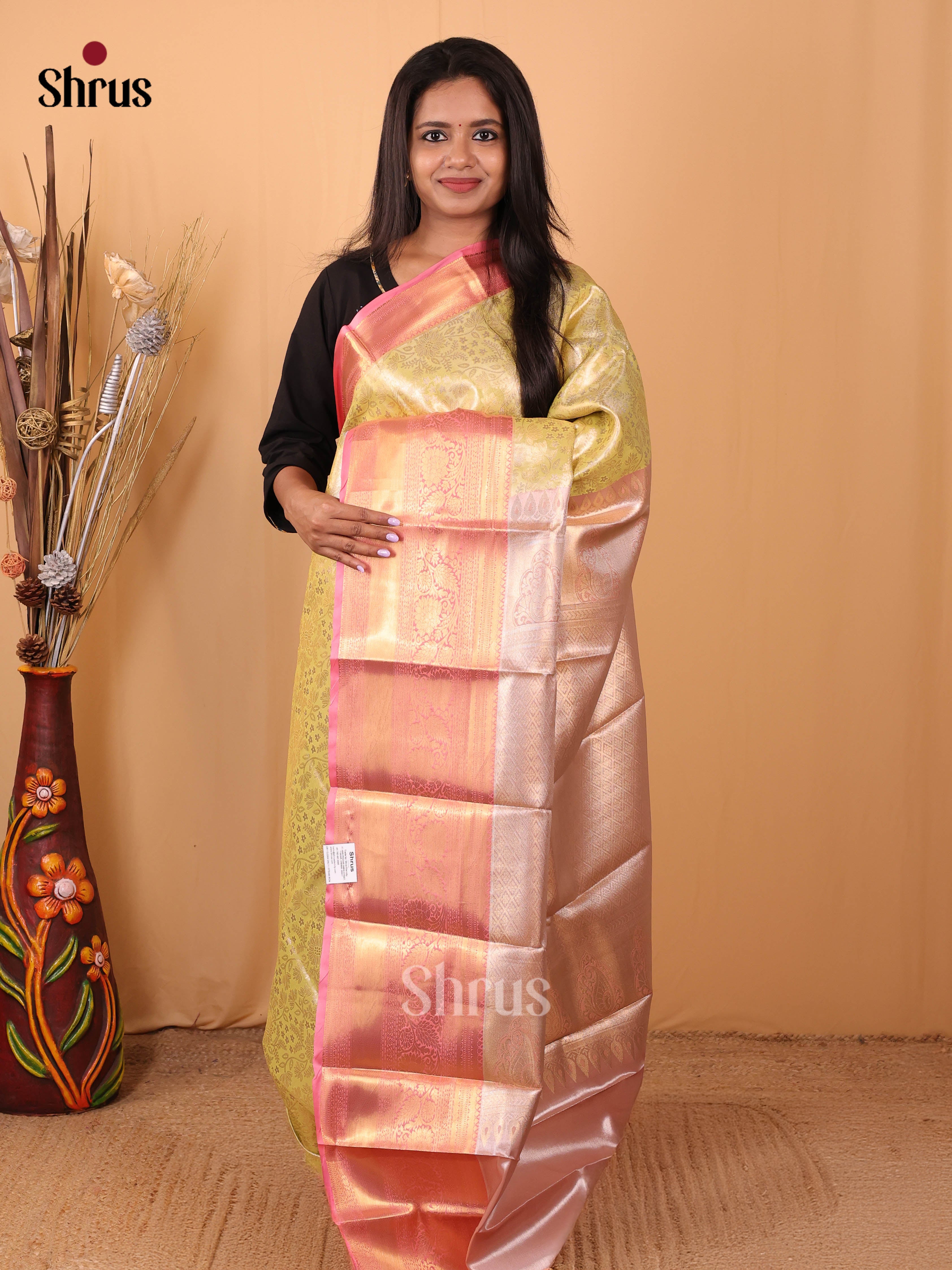 Yellow & Pink - Kanchipuram-halfpure Saree - Shop on Shrus.com