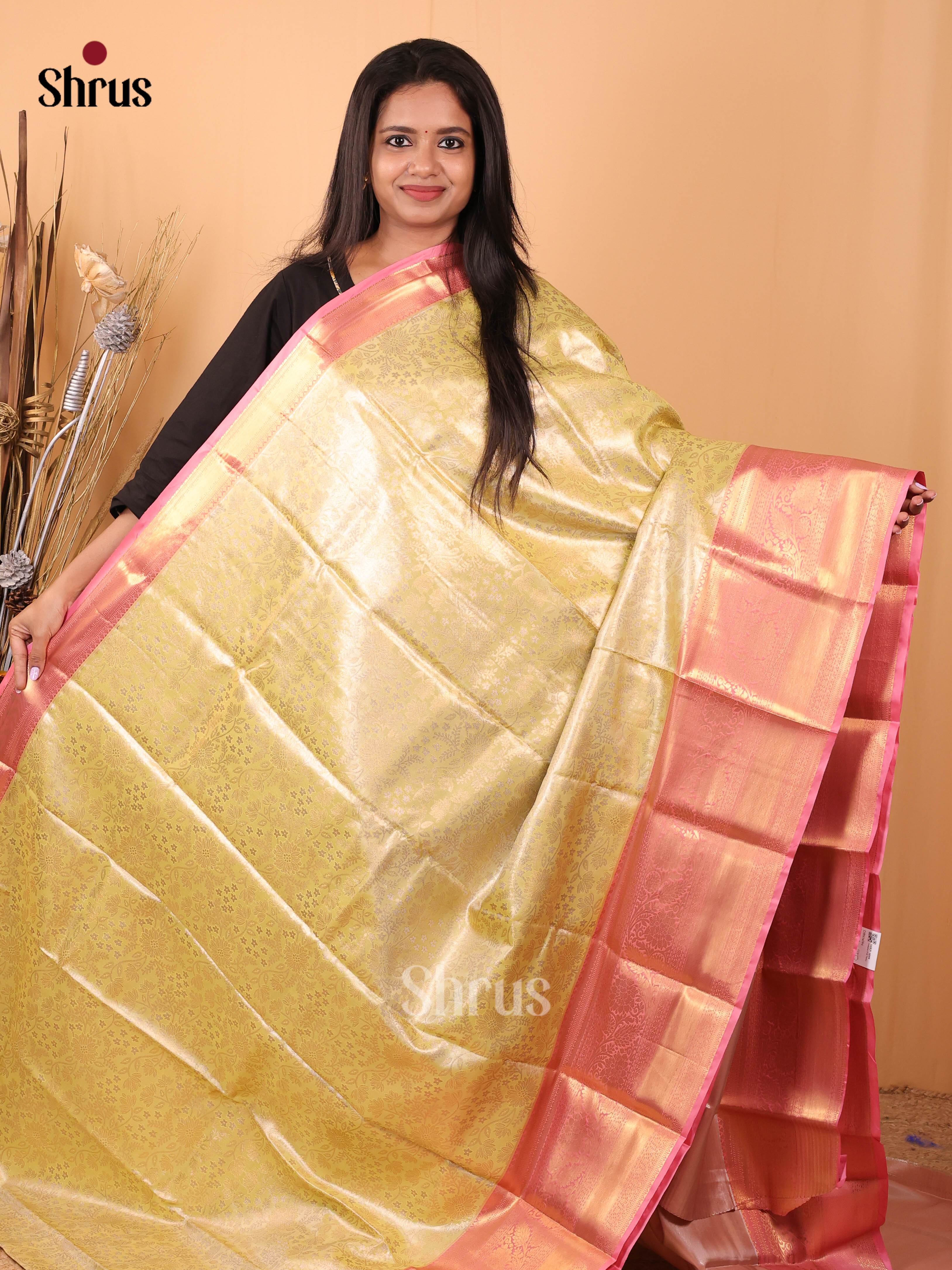 Yellow & Pink - Kanchipuram-halfpure Saree - Shop on Shrus.com