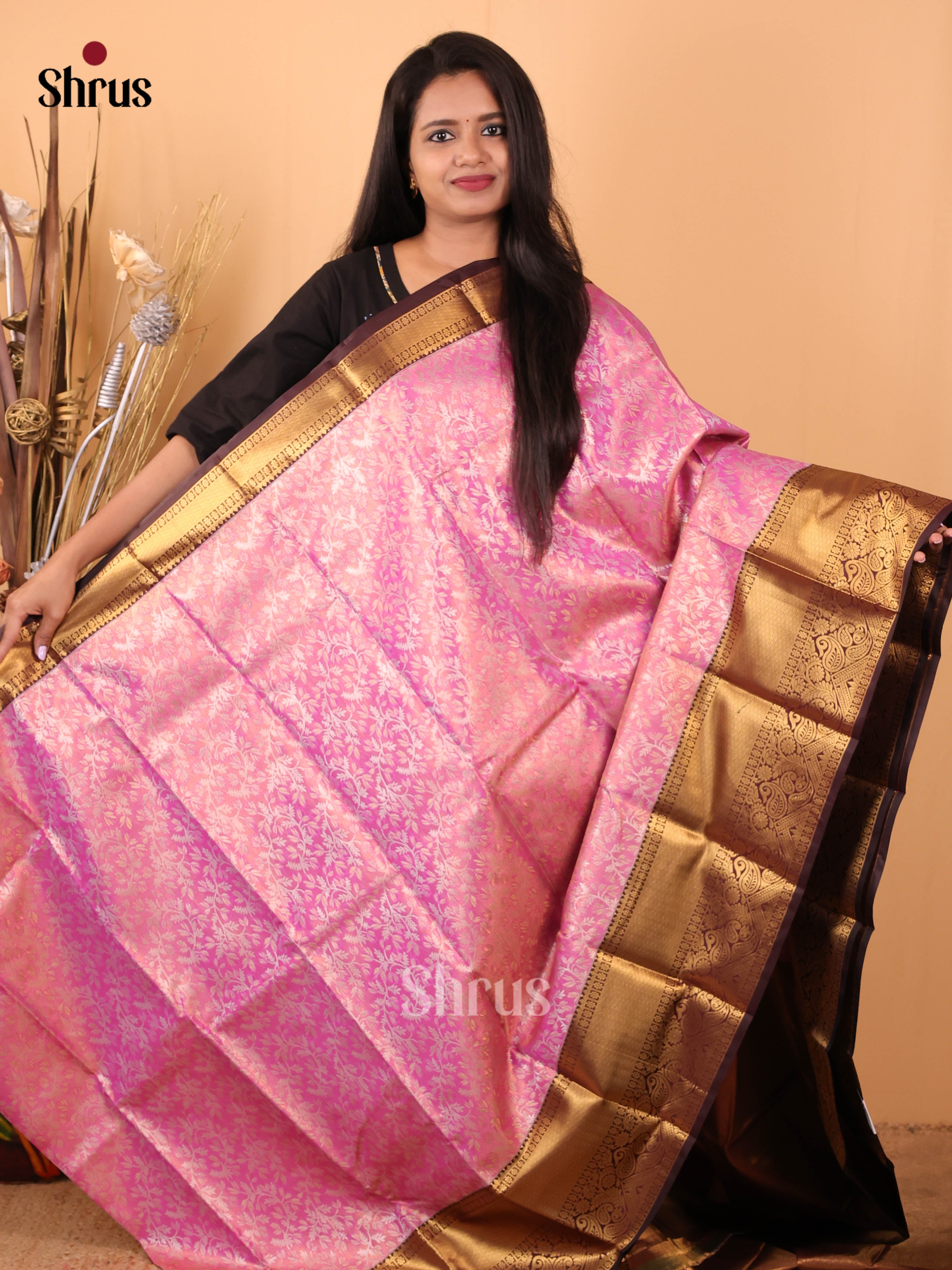 Pink & Brown - Kanchipuram-halfpure Saree - Shop on Shrus.com