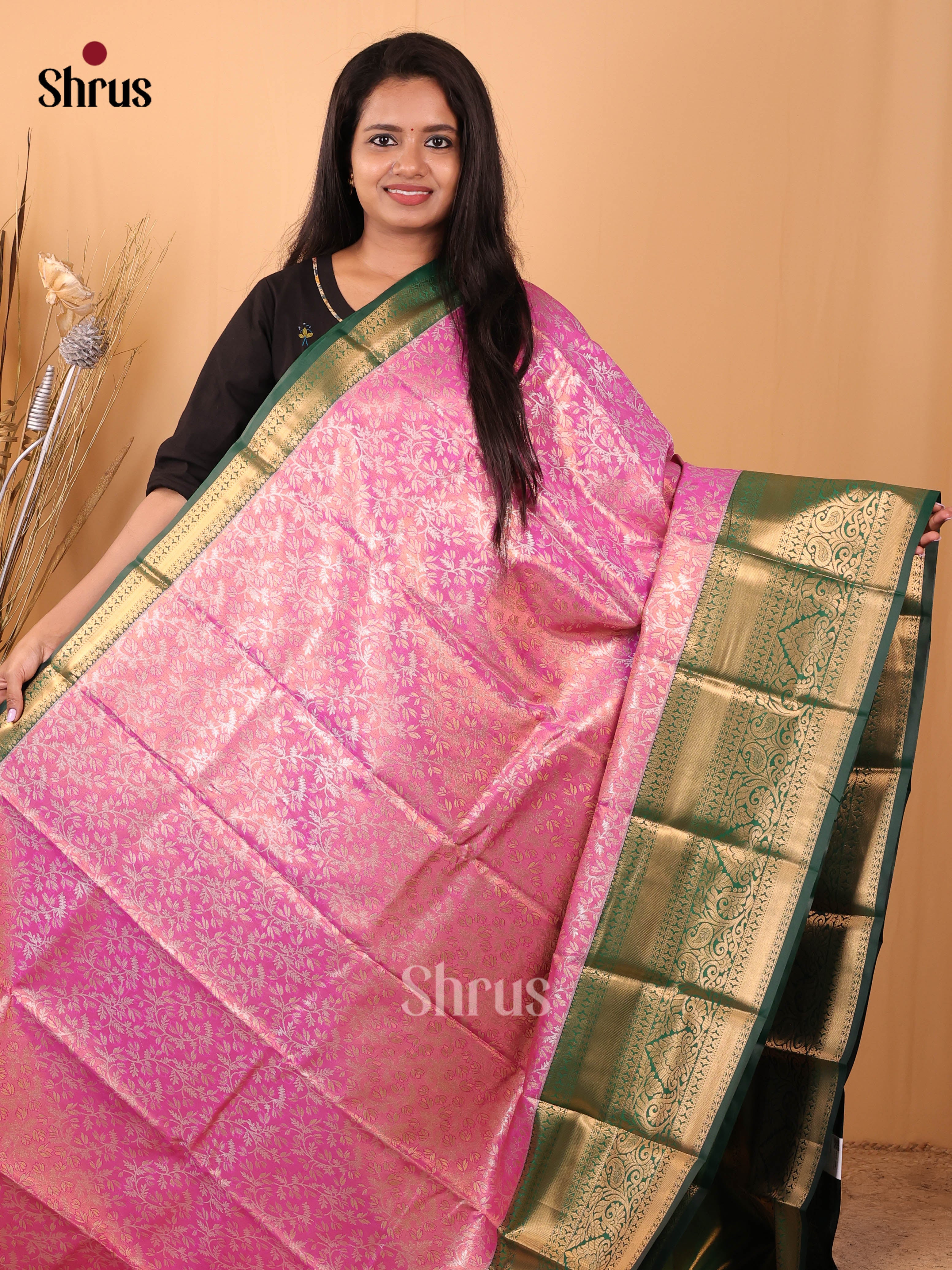 Pink & Green- Kanchipuram-halfpure Saree - Shop on Shrus.com