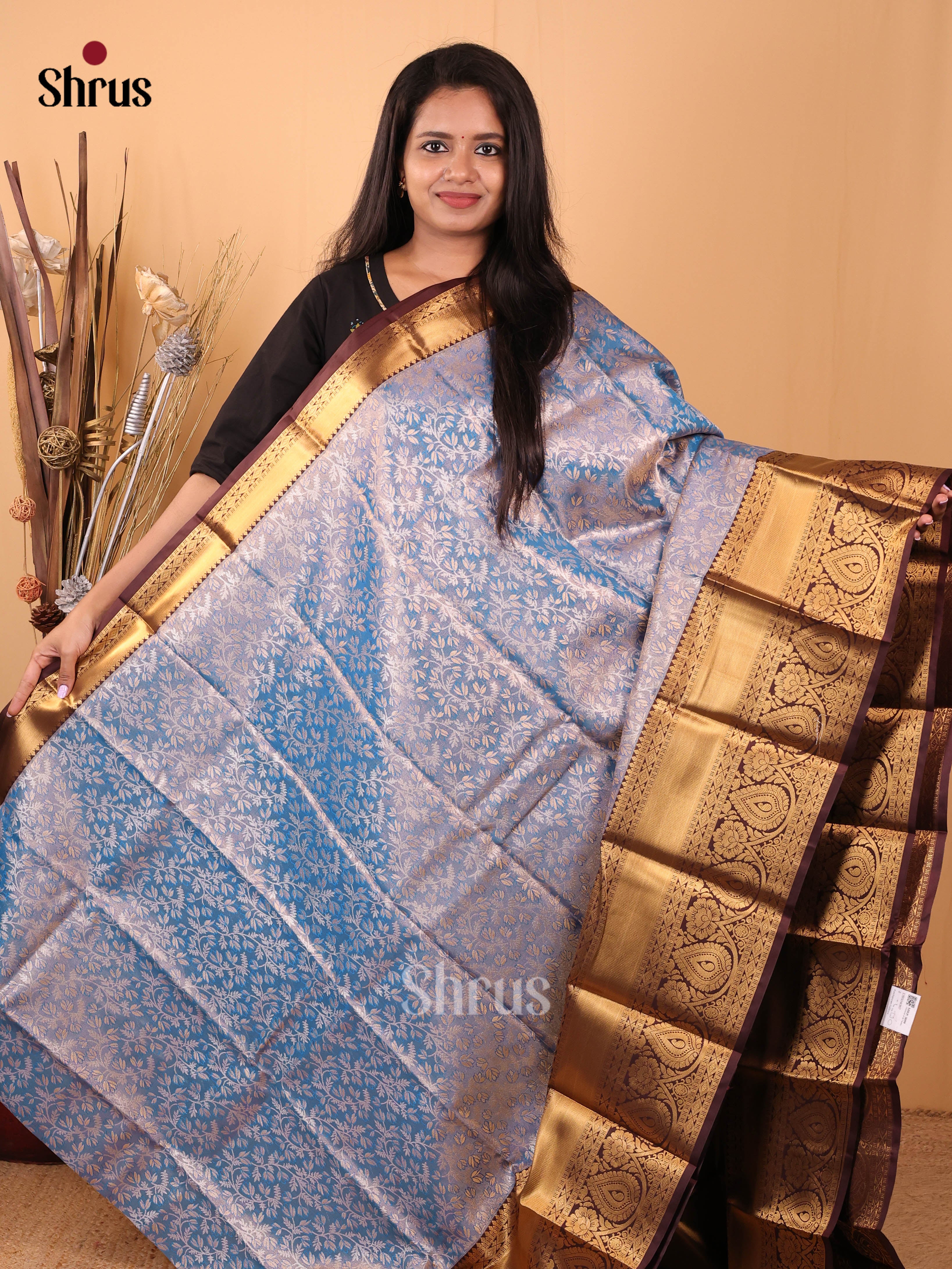 Blue & Brown- Kanchipuram-halfpure Saree - Shop on Shrus.com