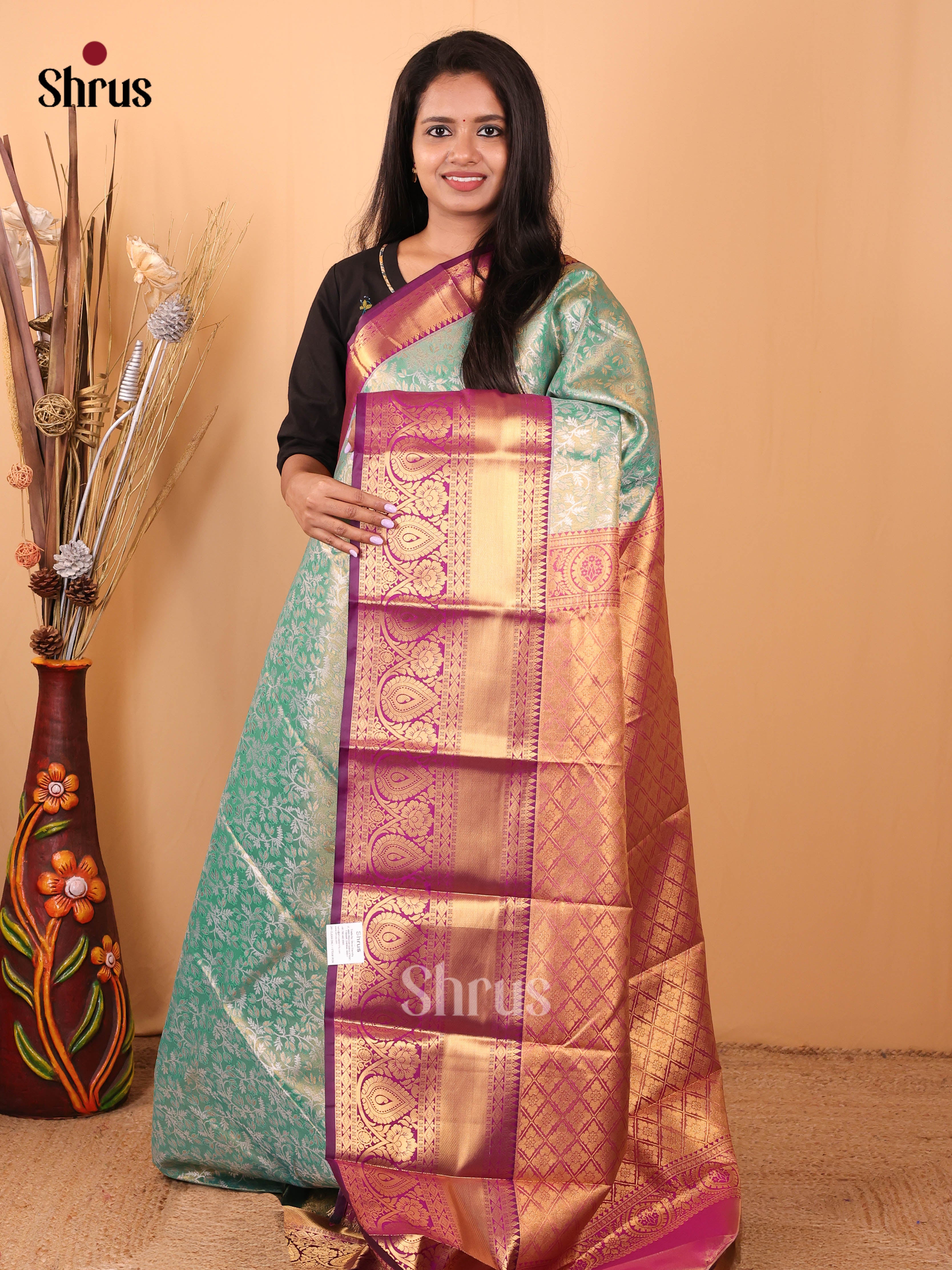 Teal & Violet- Kanchipuram-halfpure Saree - Shop on Shrus.com