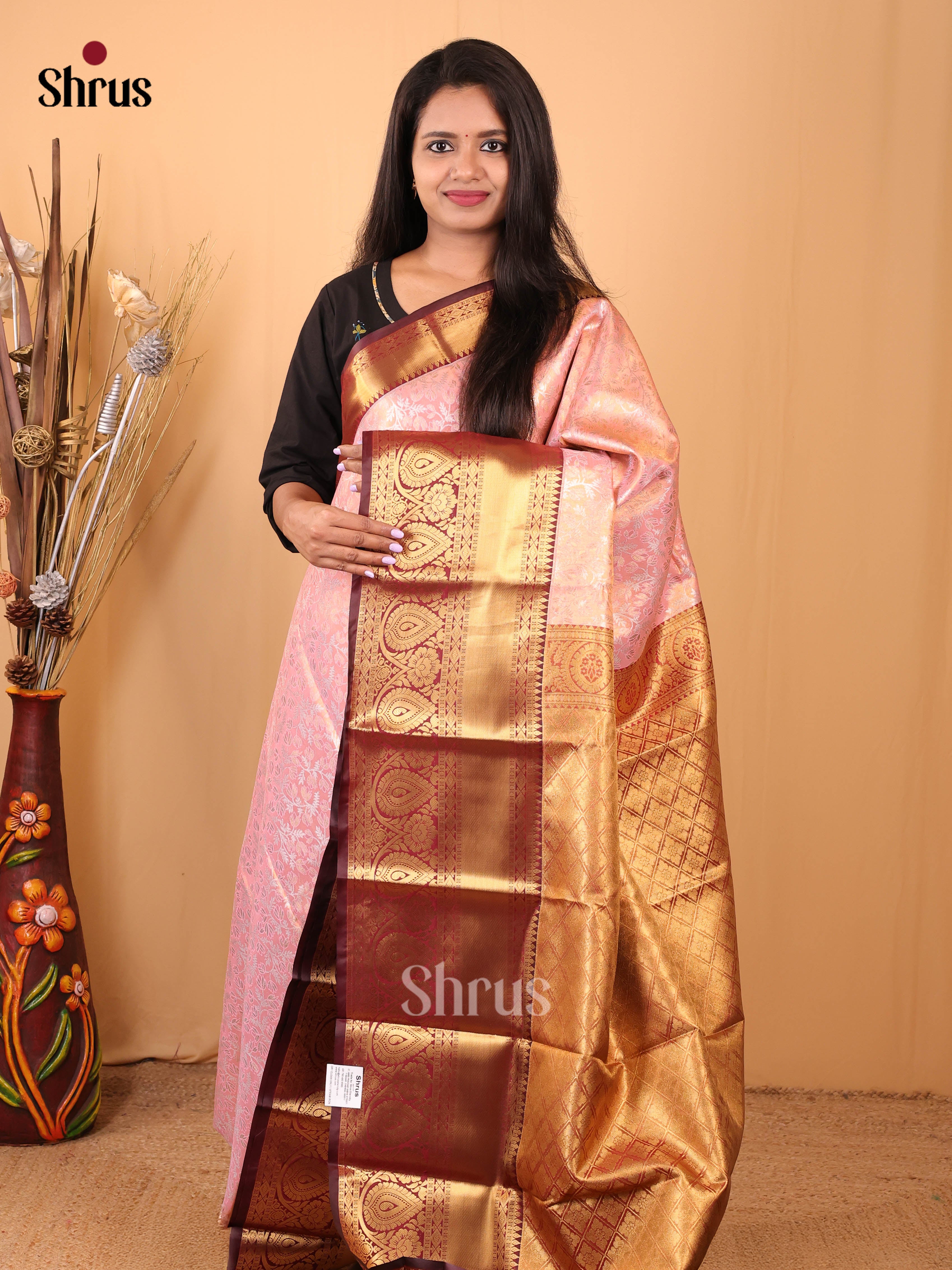 Baby Pink & Brown - Kanchipuram-halfpure Saree - Shop on Shrus.com