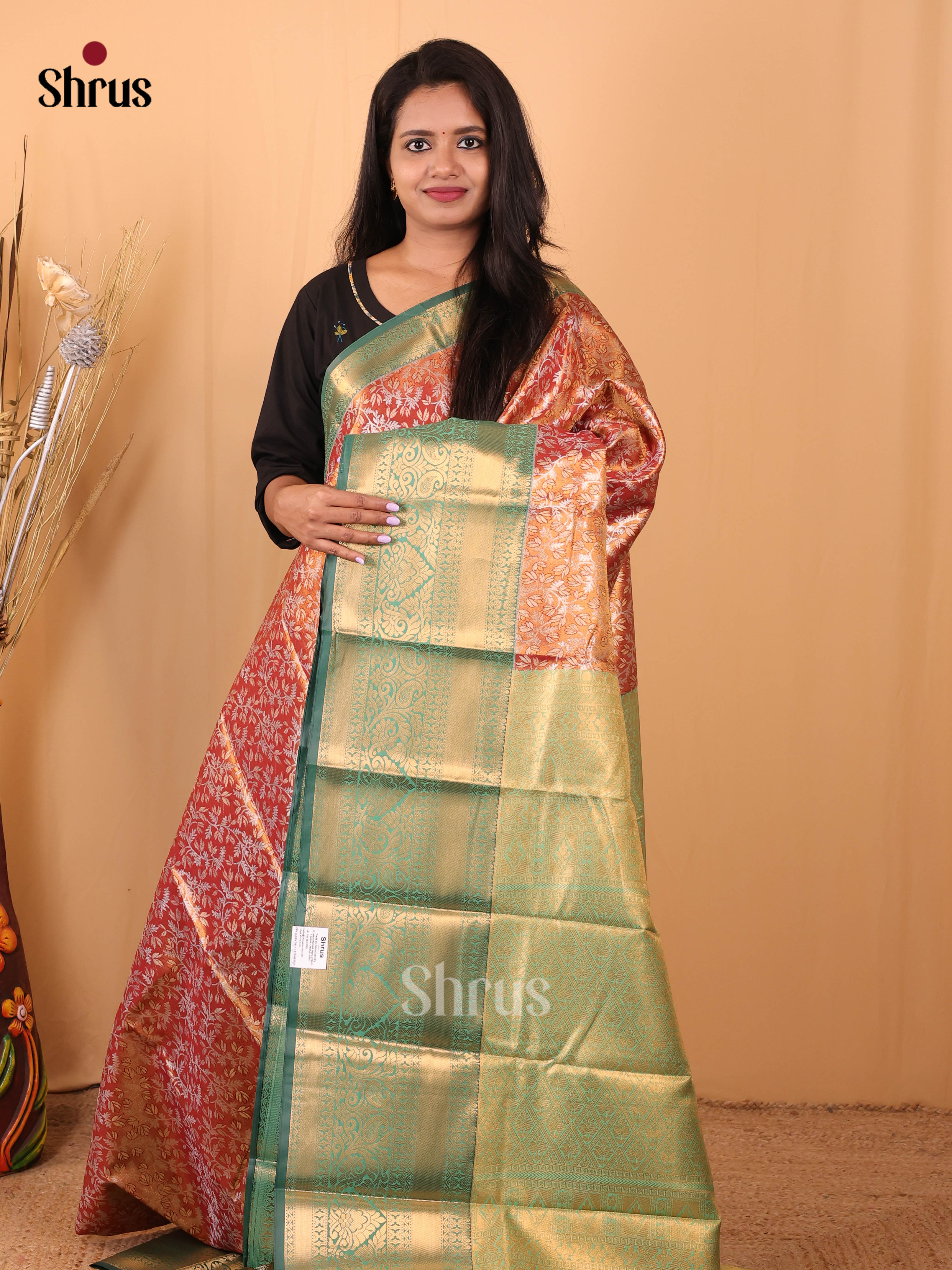 Orangish Red & Green- Kanchipuram-halfpure Saree - Shop on Shrus.com