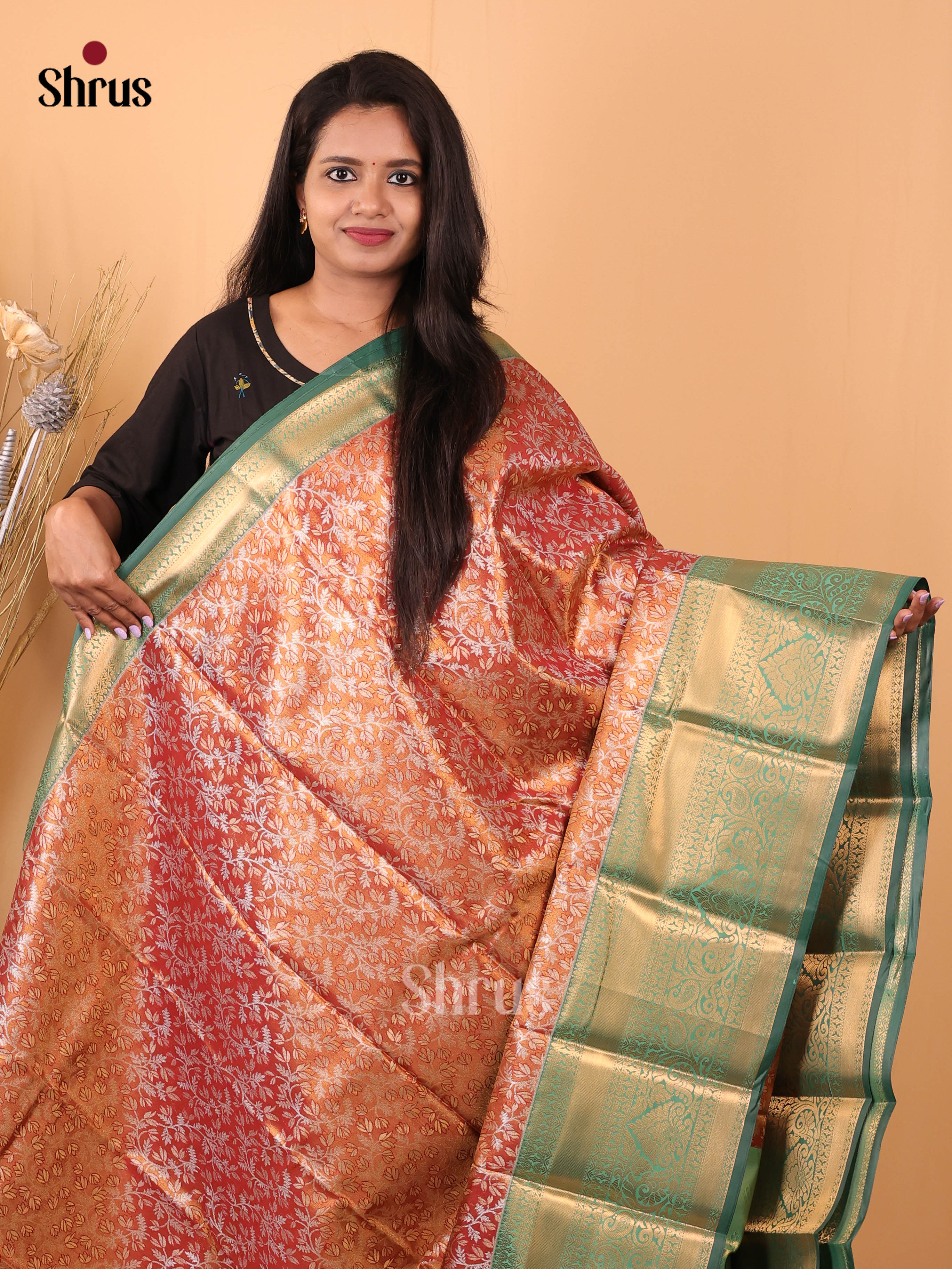 Orangish Red & Green- Kanchipuram-halfpure Saree - Shop on Shrus.com