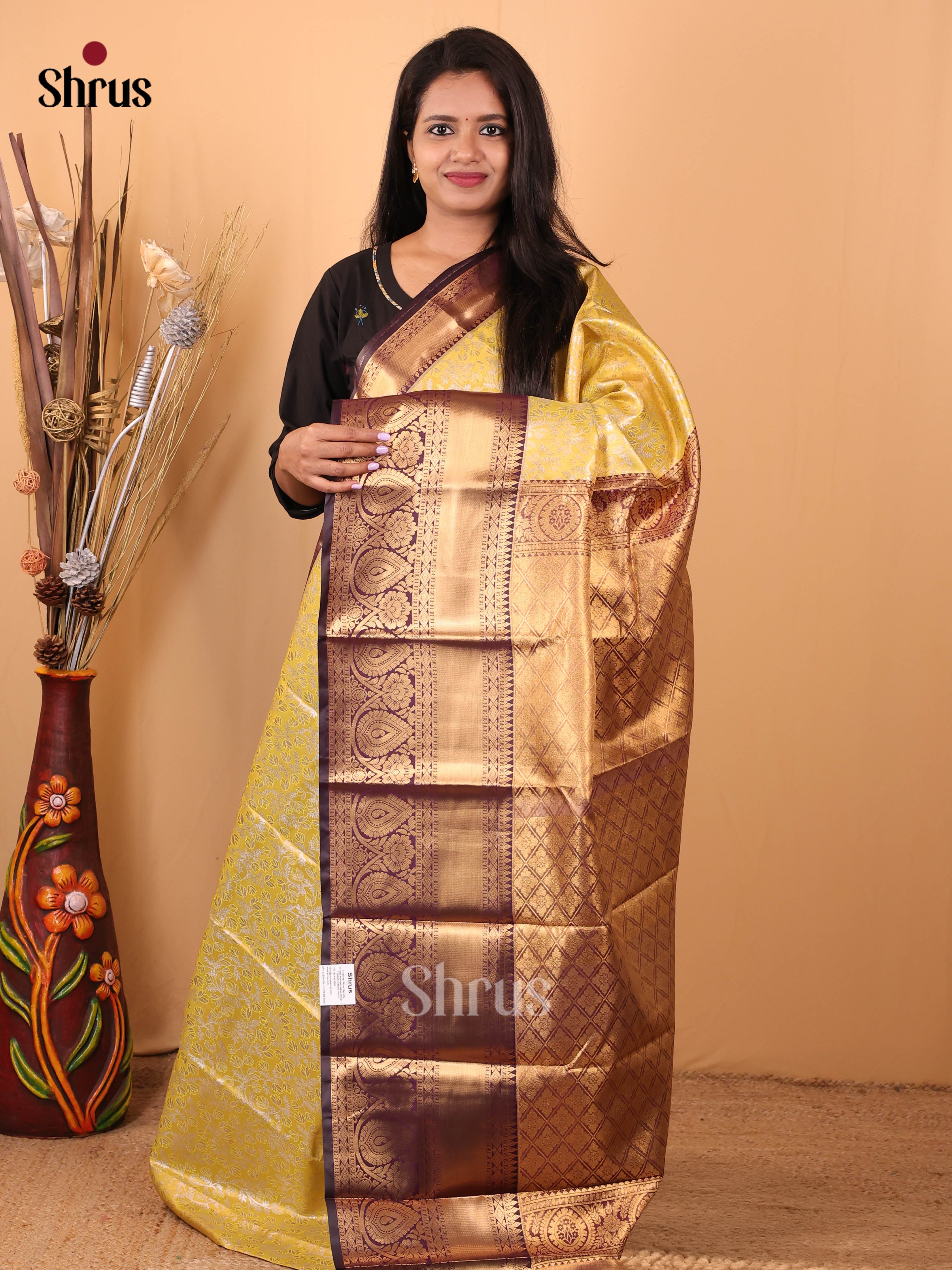 Yellow & Brown - Kanchipuram-halfpure Saree - Shop on Shrus.com