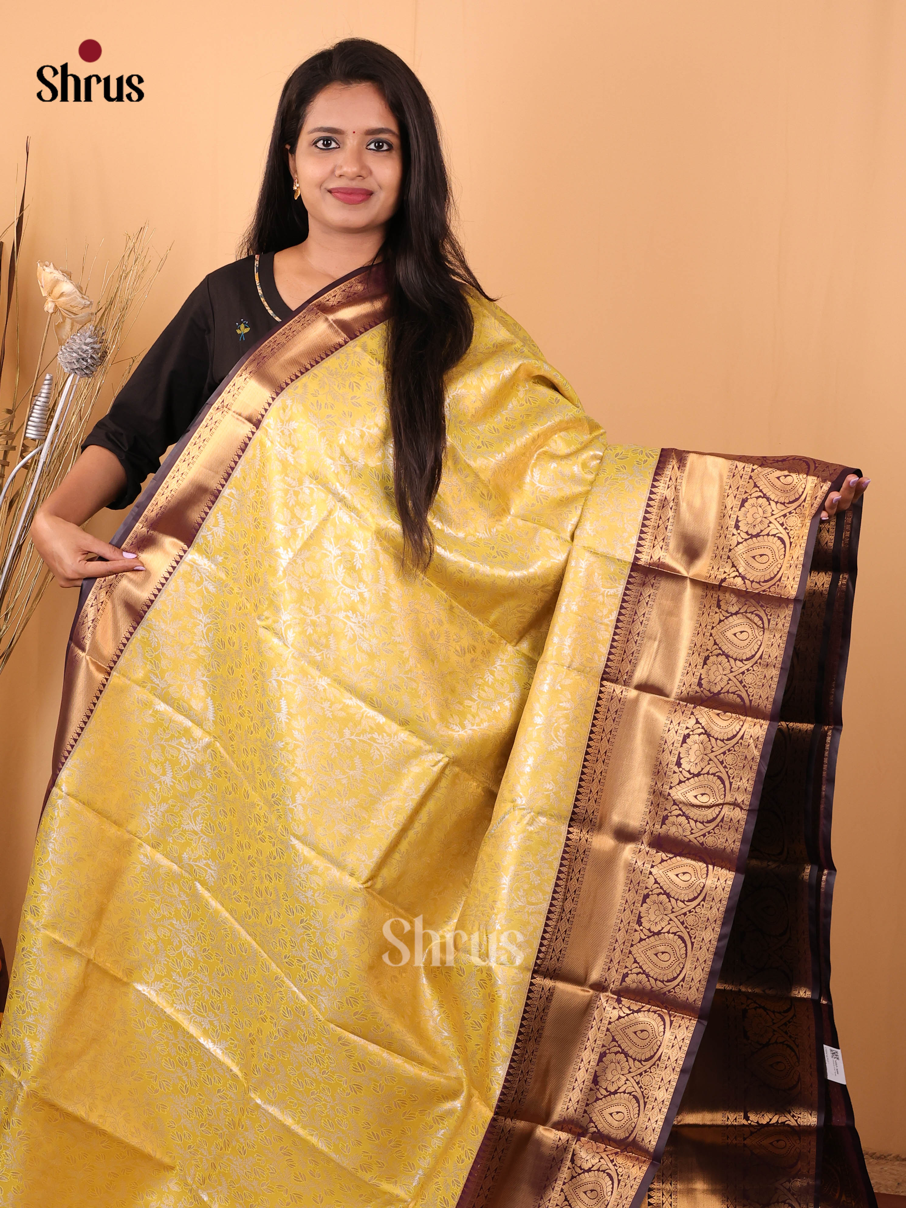 Yellow & Brown - Kanchipuram-halfpure Saree - Shop on Shrus.com