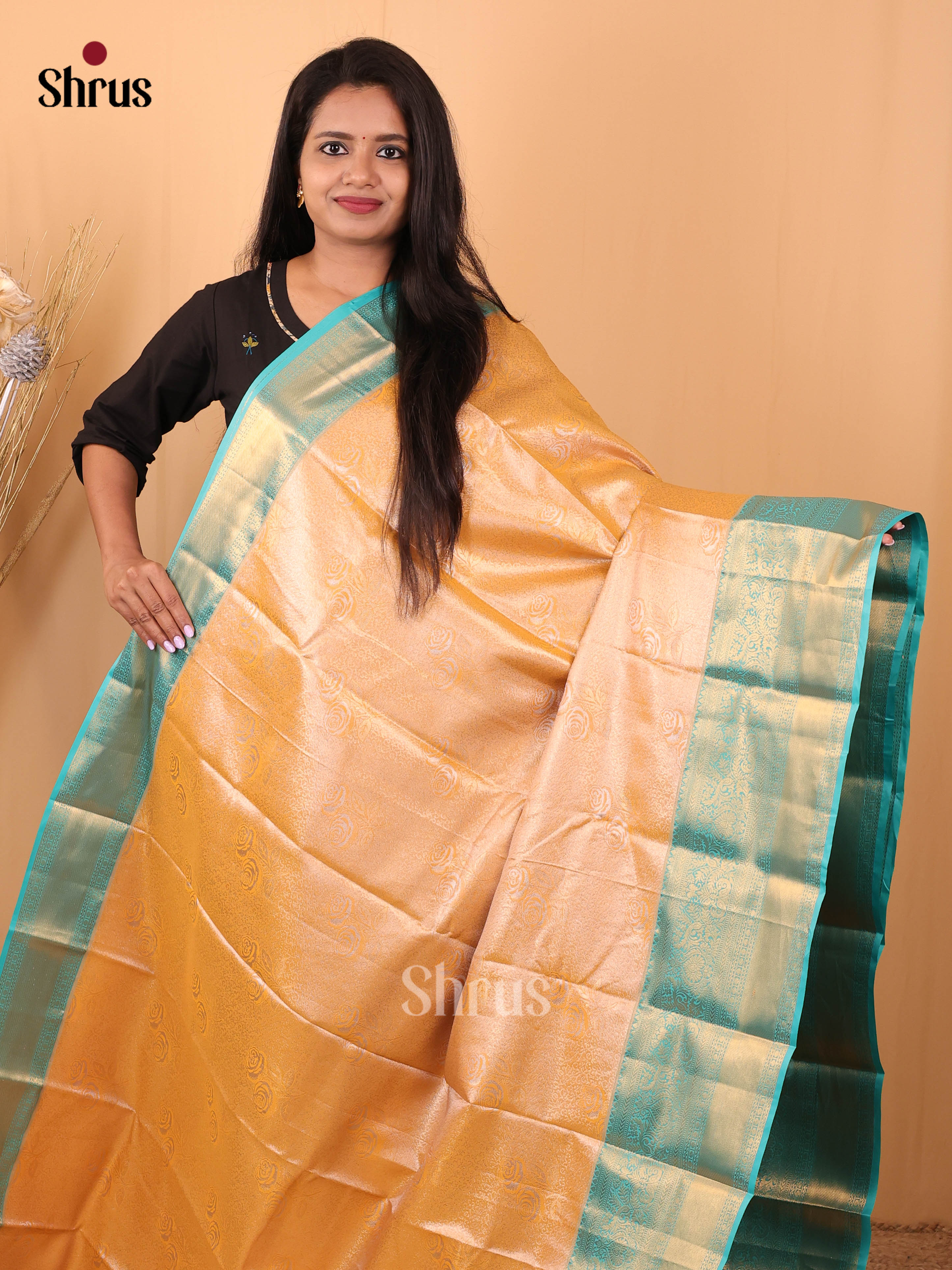 Orange & Teal - Kanchipuram-halfpure Saree - Shop on Shrus.com