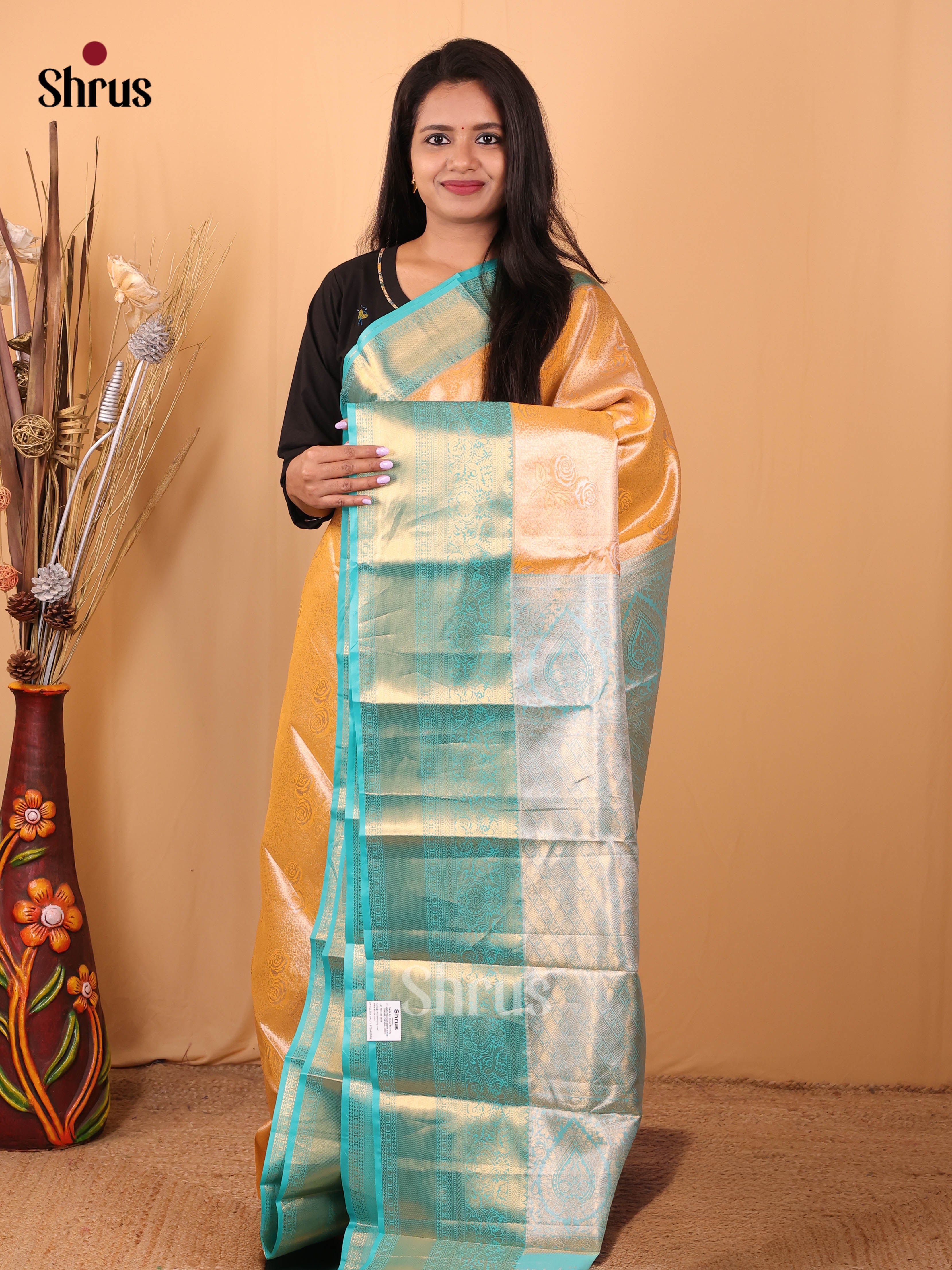 Orange & Teal - Kanchipuram-halfpure Saree - Shop on Shrus.com
