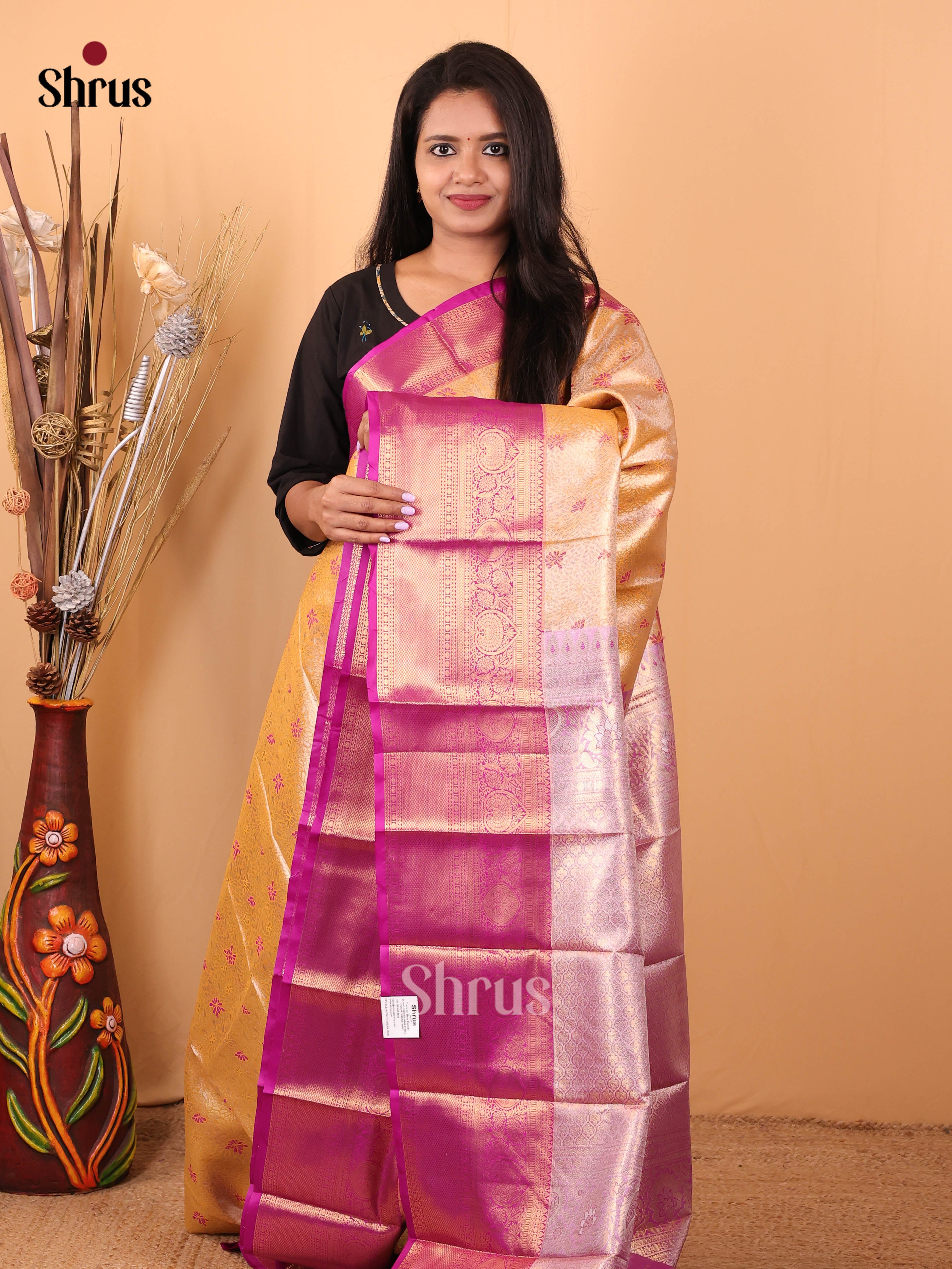 Mustard & Purple- Kanchipuram-halfpure Saree - Shop on Shrus.com