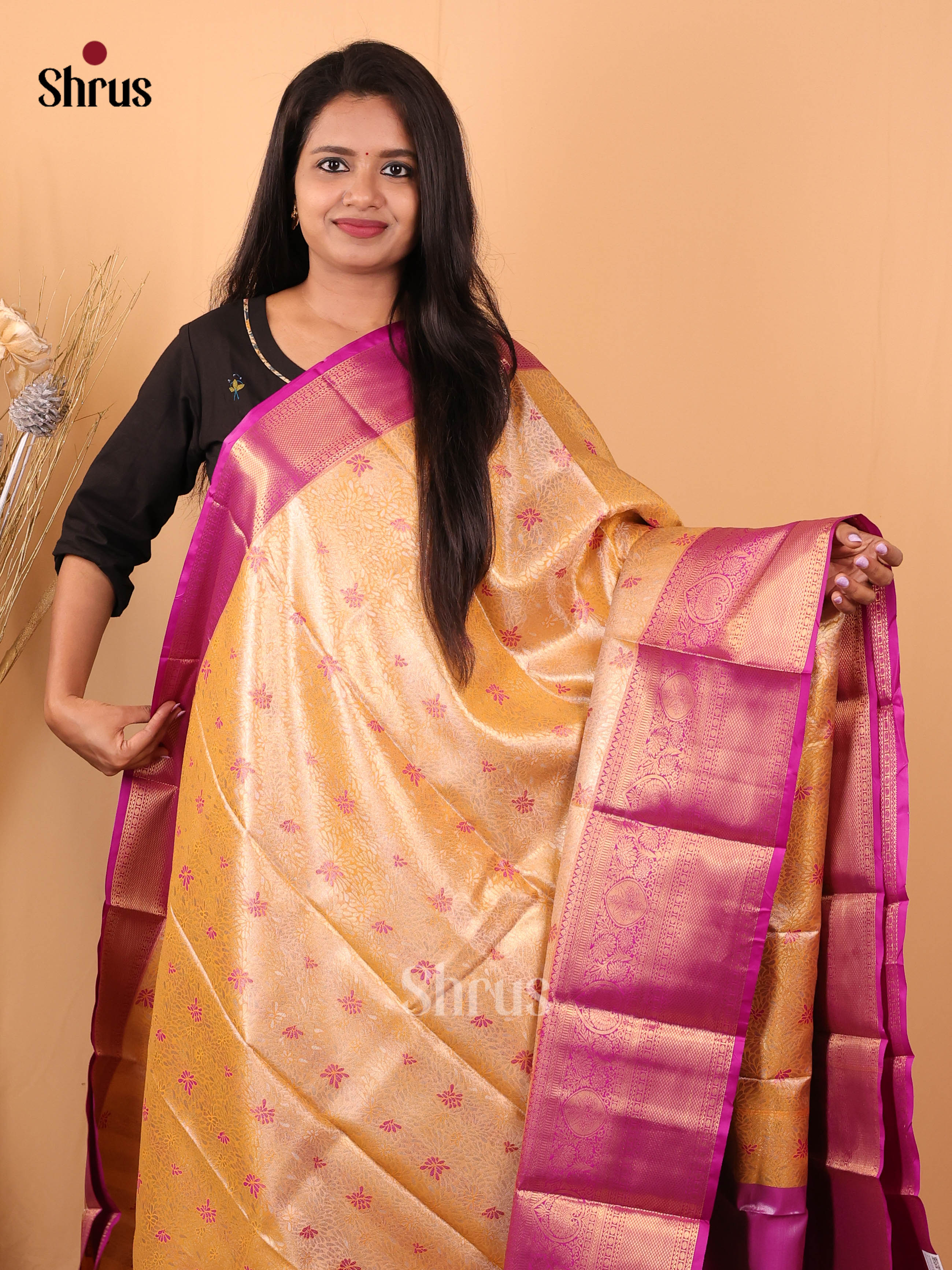 Mustard & Purple- Kanchipuram-halfpure Saree - Shop on Shrus.com