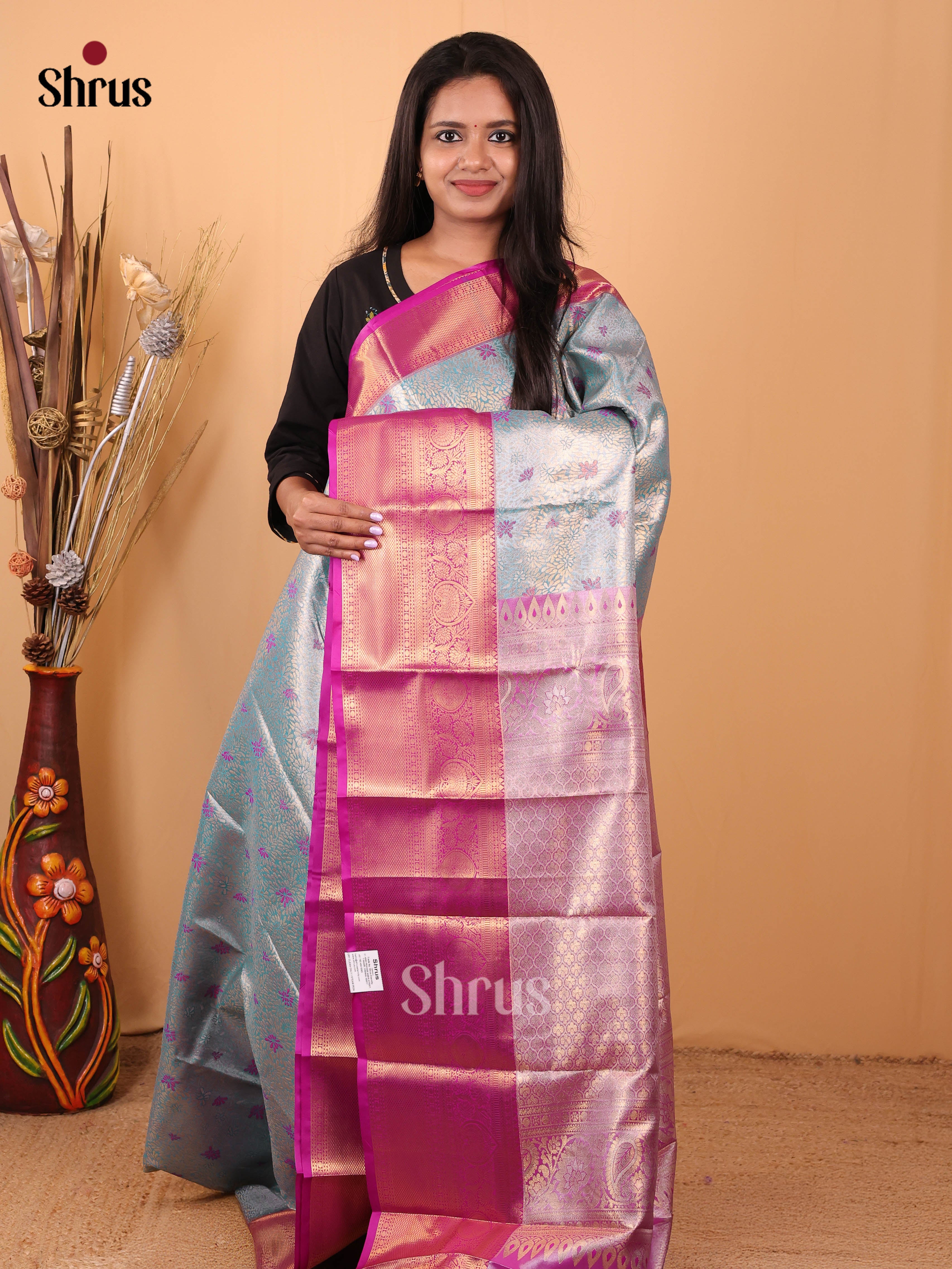 Blue & Majenta- Kanchipuram-halfpure Saree - Shop on Shrus.com