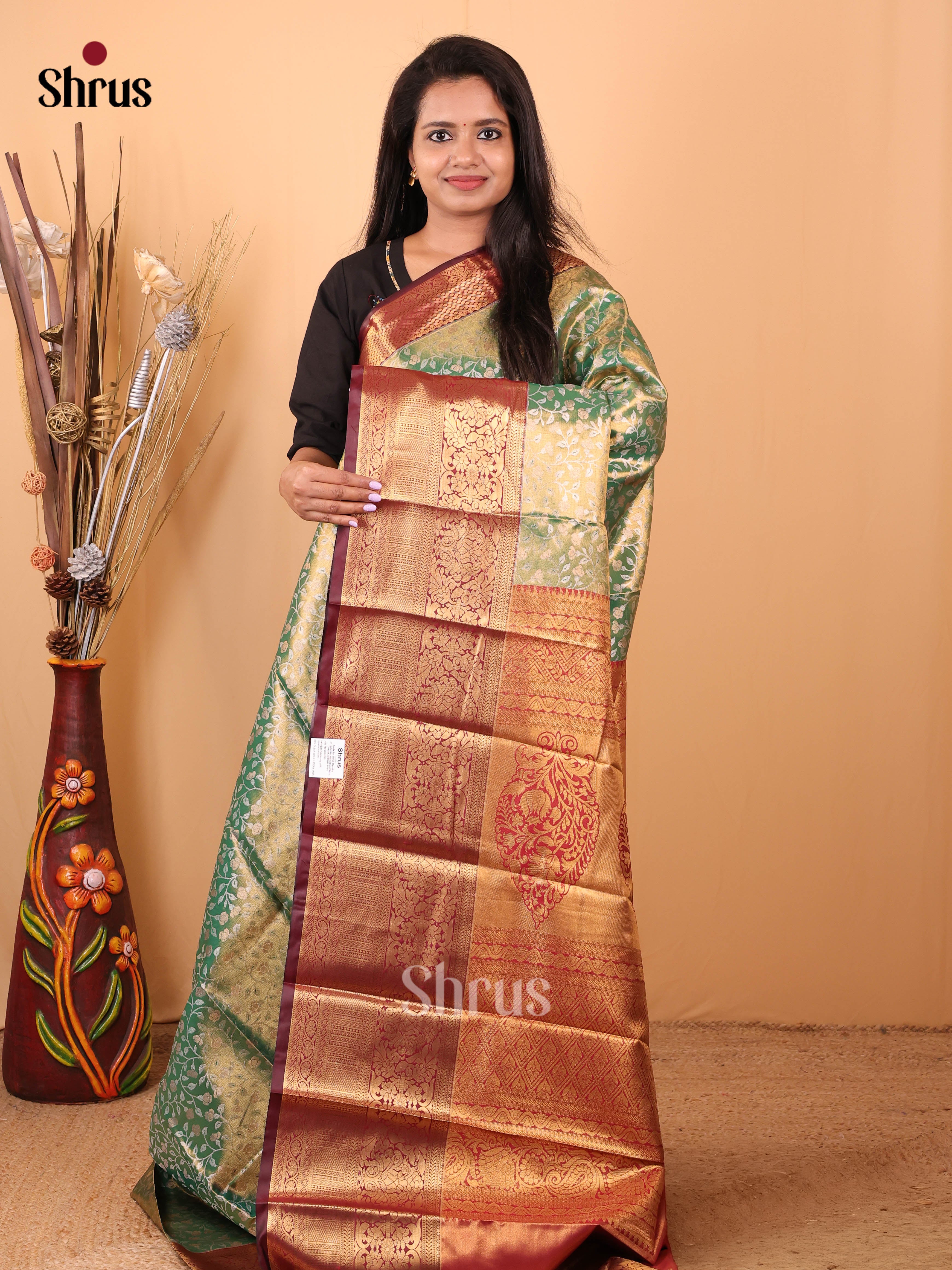 Green & Maroon - Kanchipuram-halfpure Saree - Shop on Shrus.com