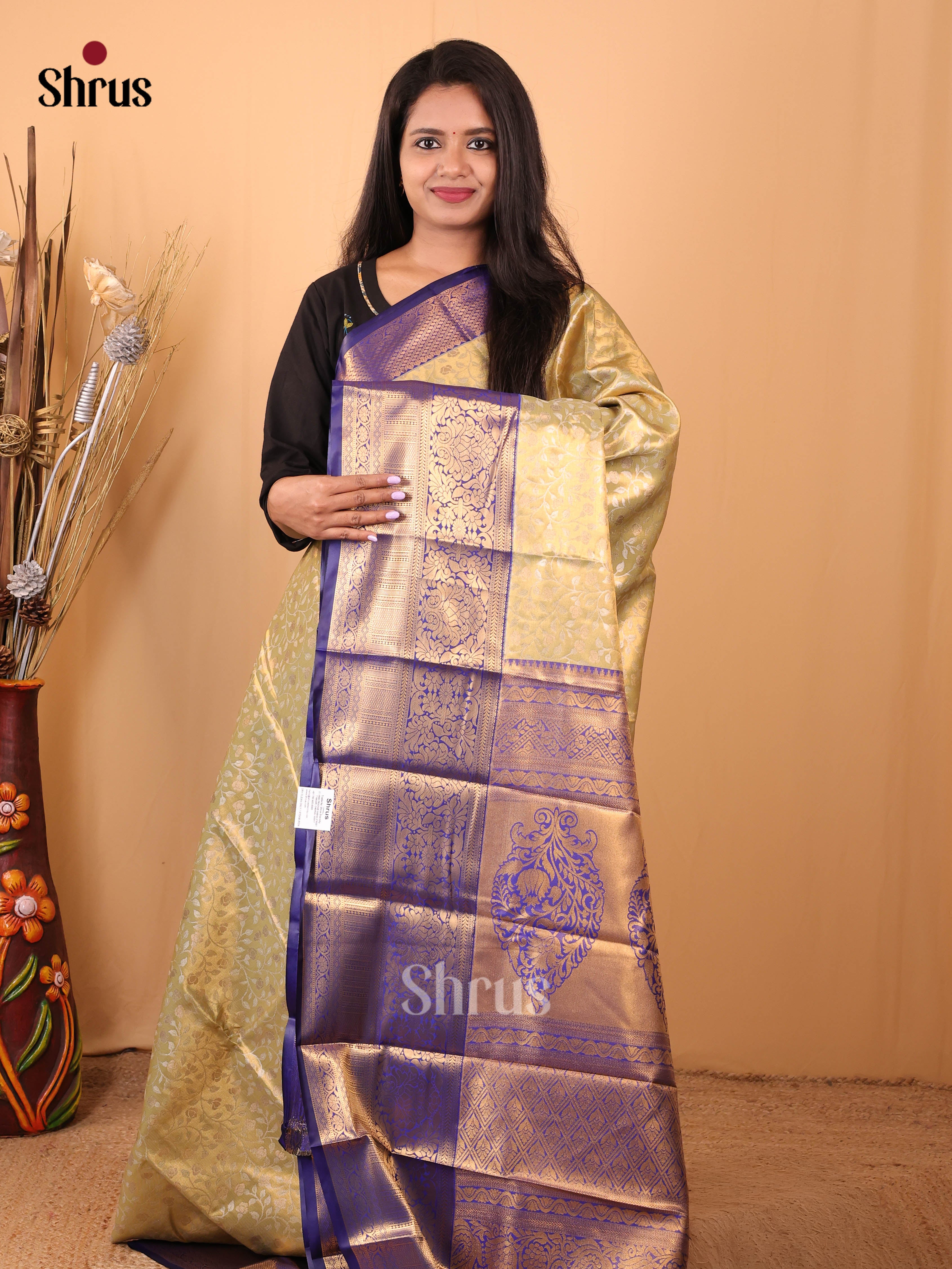 Cream & Blue - Kanchipuram-halfpure Saree - Shop on Shrus.com