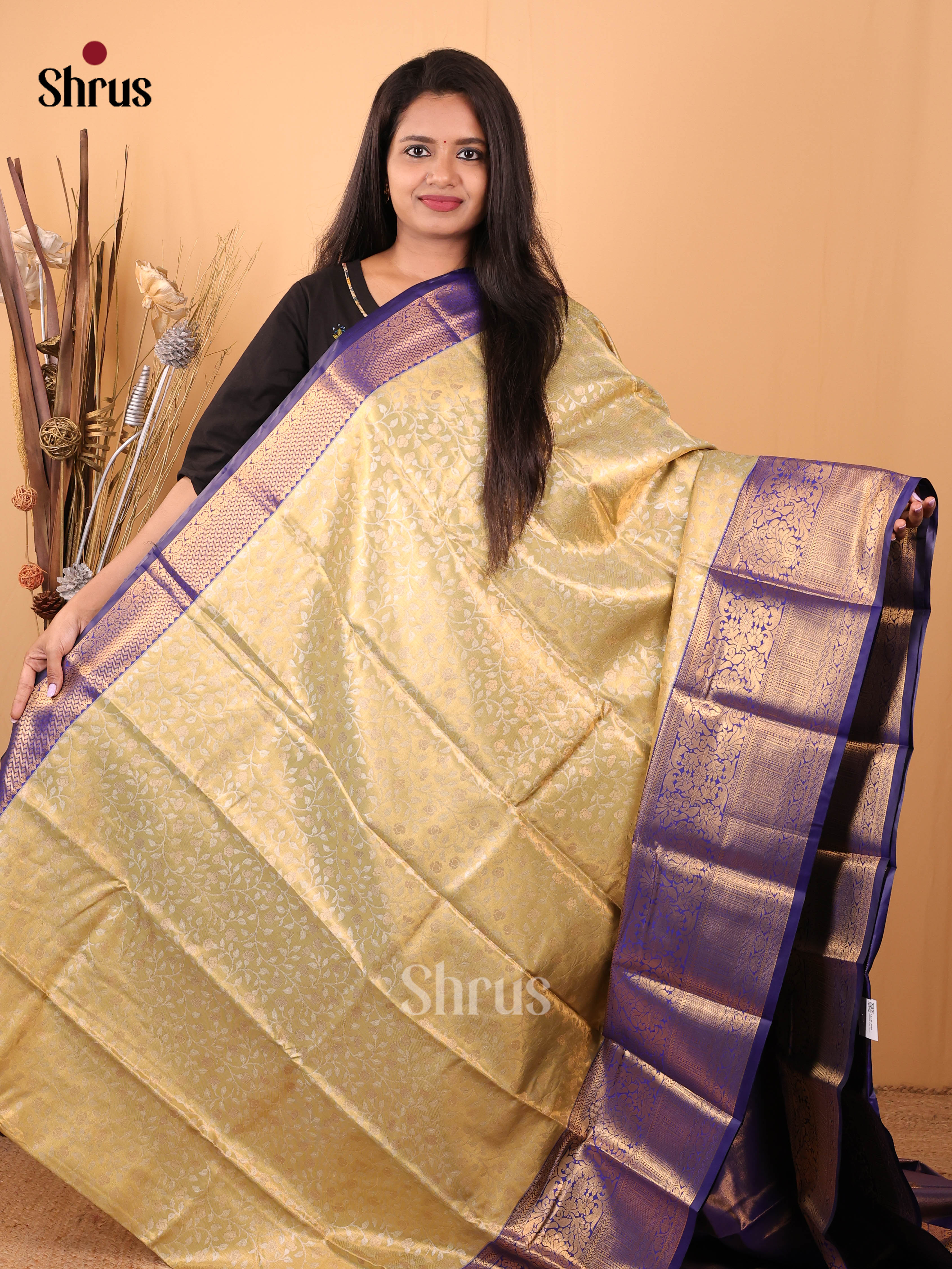 Cream & Blue - Kanchipuram-halfpure Saree - Shop on Shrus.com