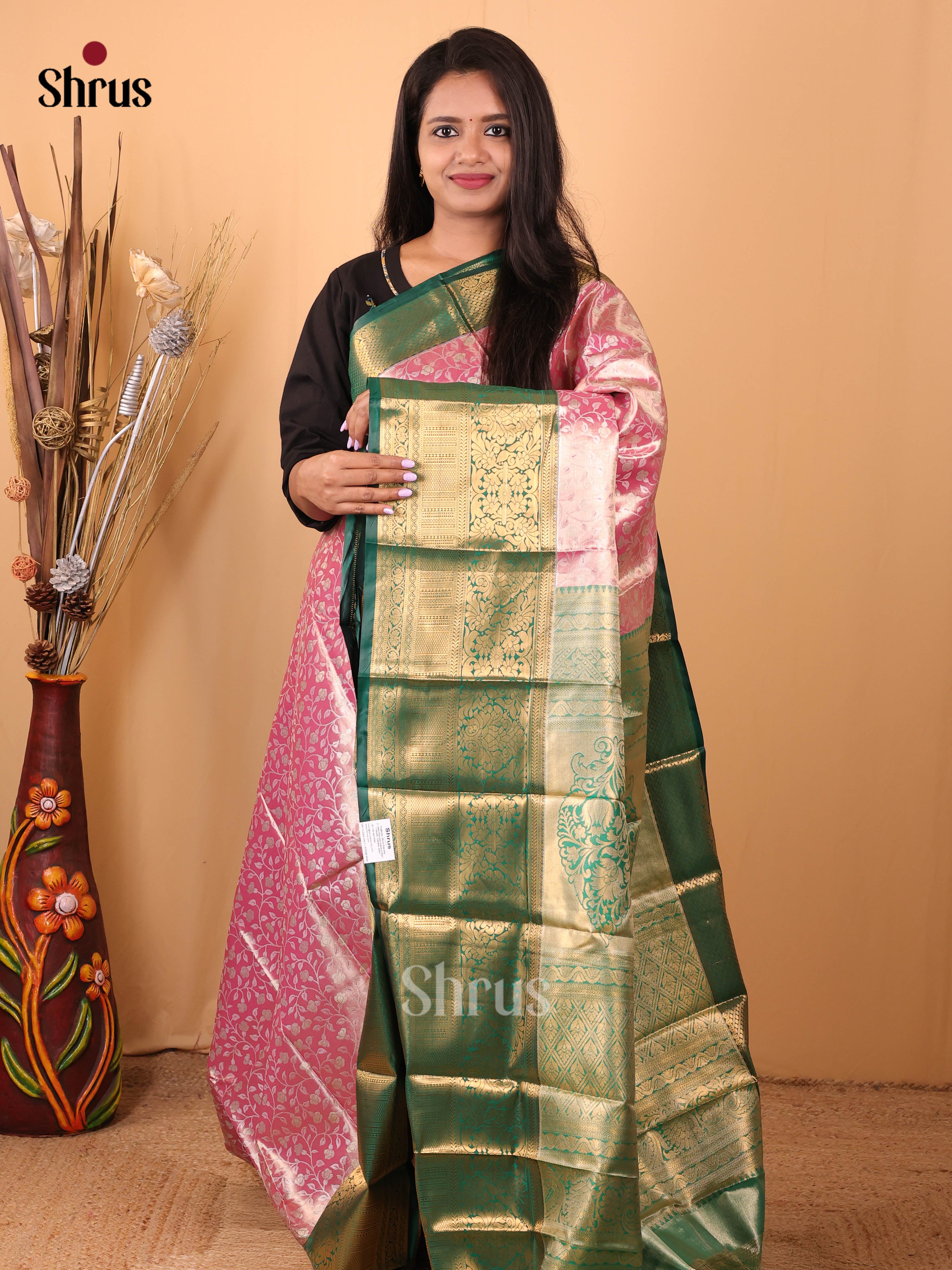 Pink & Green- Kanchipuram-halfpure Saree - Shop on Shrus.com