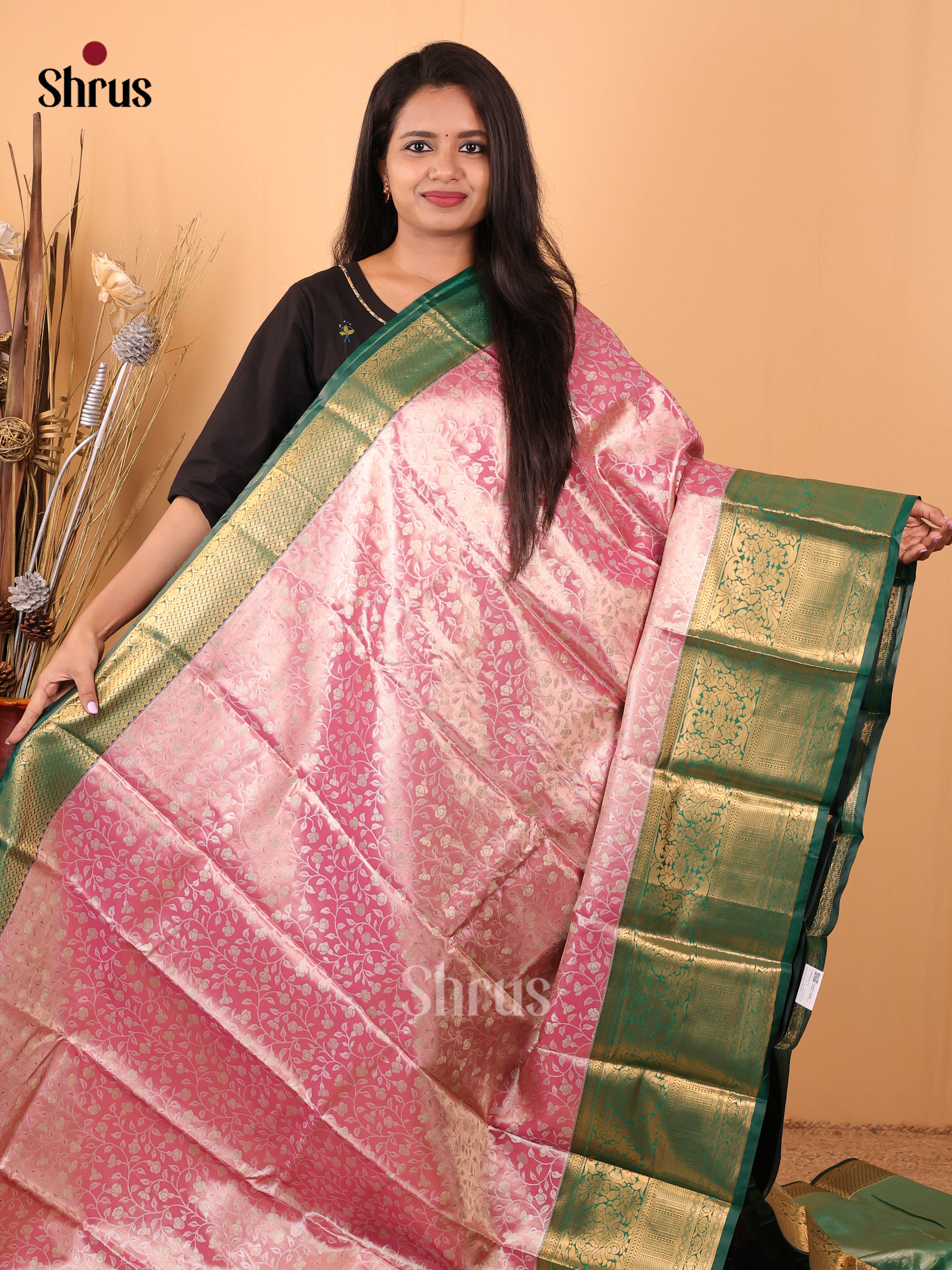 Pink & Green- Kanchipuram-halfpure Saree - Shop on Shrus.com