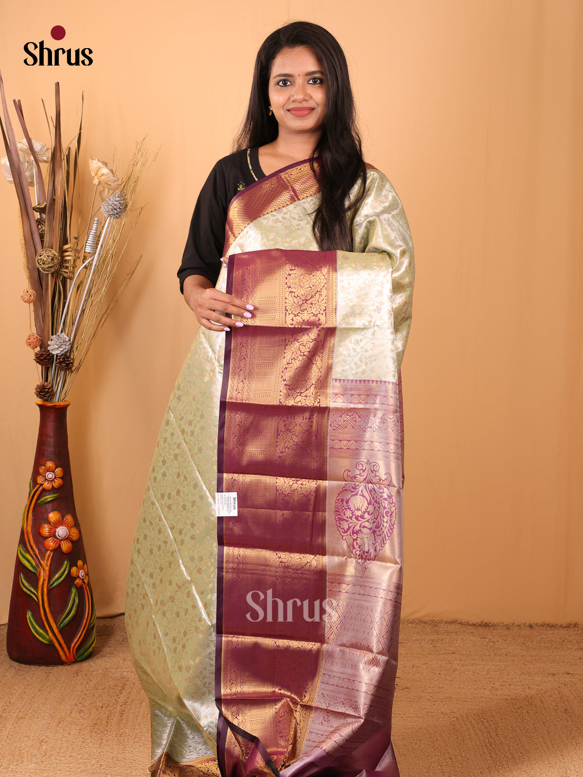 Mint Green & Purple- Kanchipuram-halfpure Saree - Shop on Shrus.com