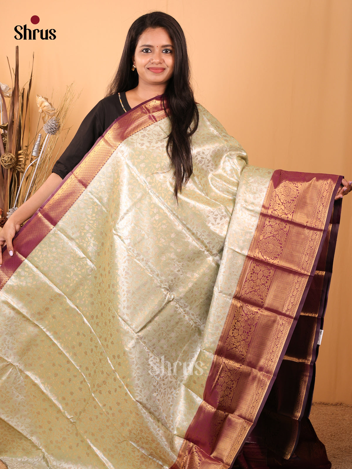 Mint Green & Purple- Kanchipuram-halfpure Saree - Shop on Shrus.com