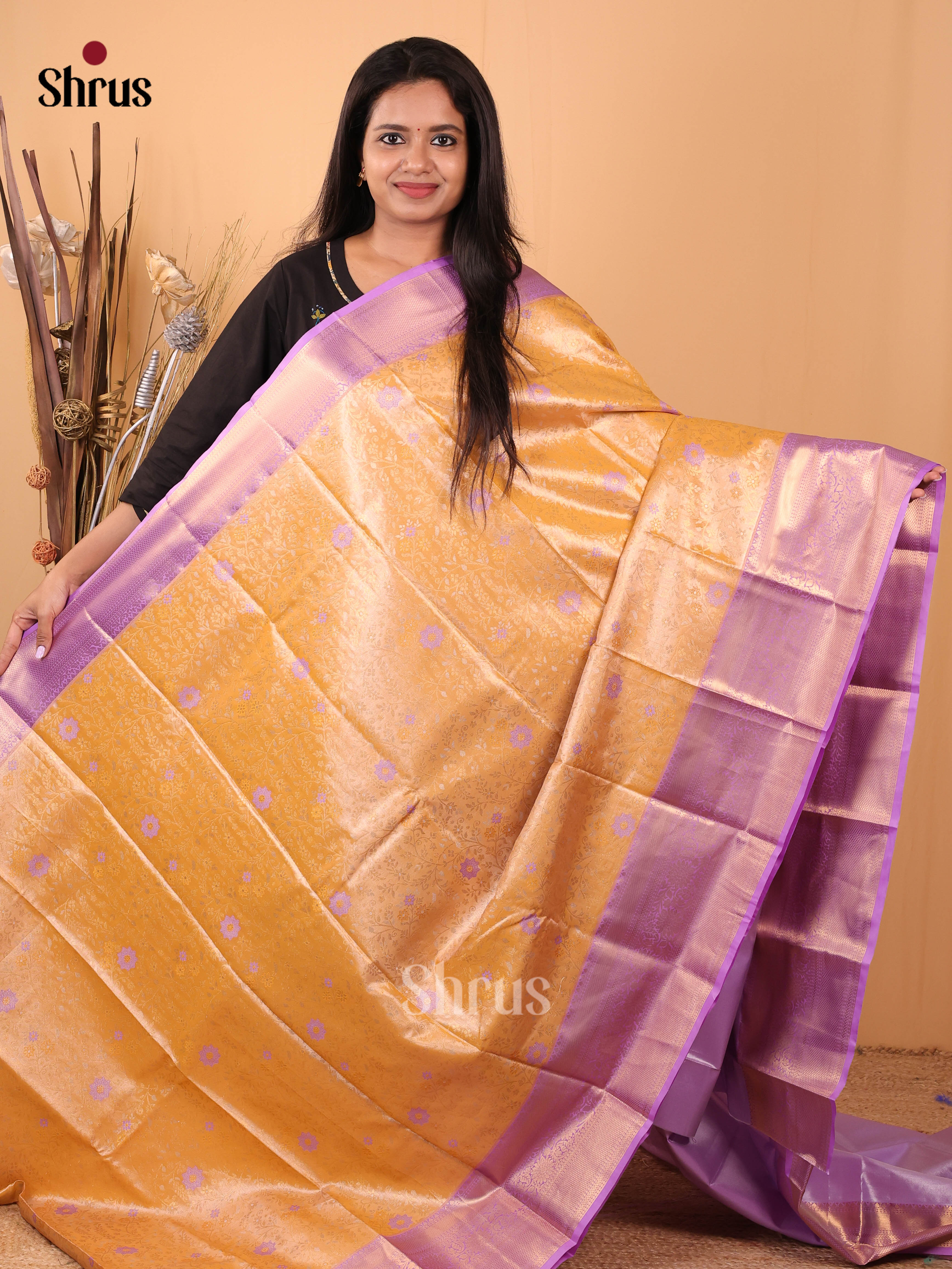 Orange & Lavender - Kanchipuram-halfpure Saree - Shop on Shrus.com