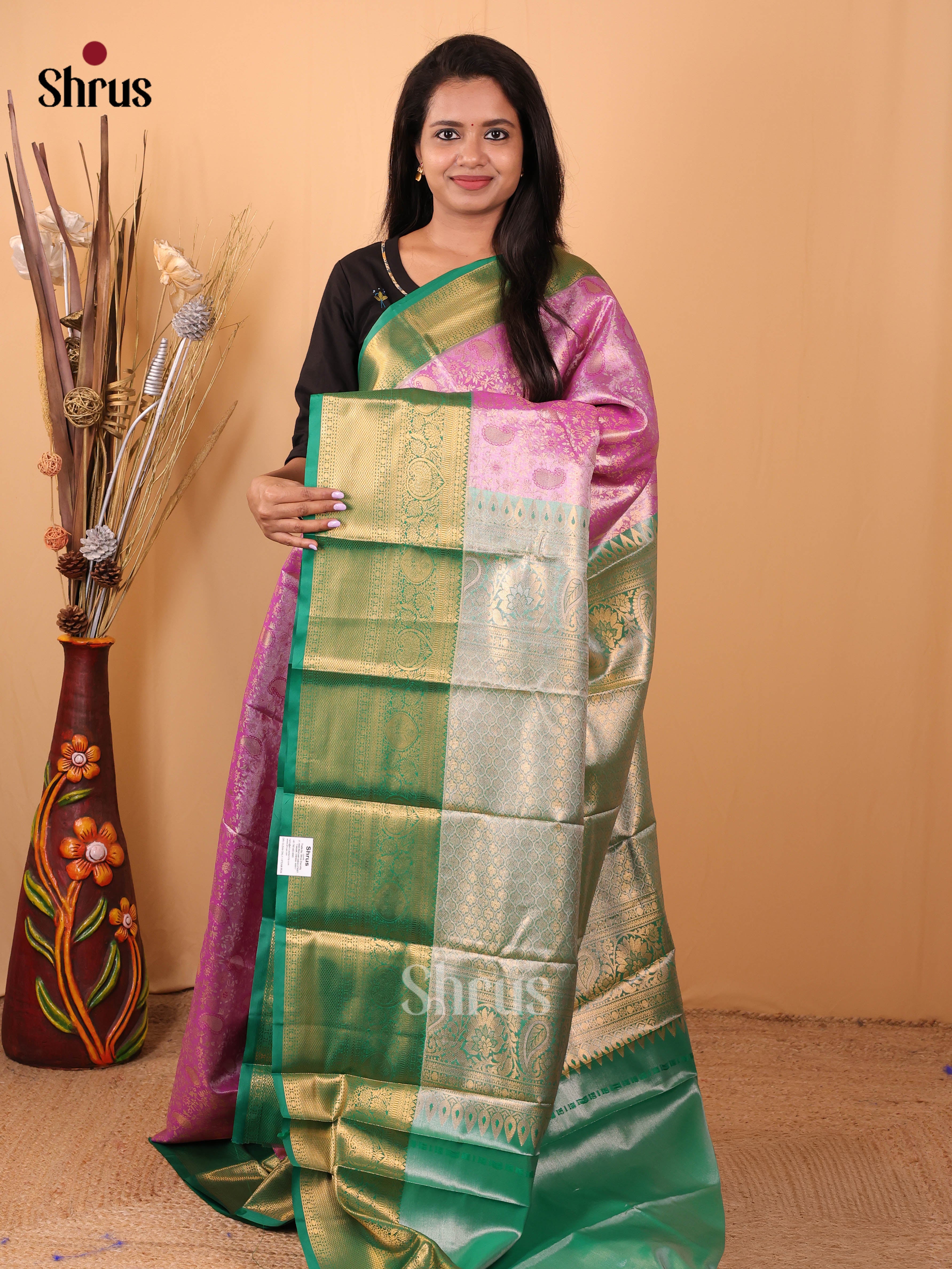 Rose Pink & Green - Kanchipuram-halfpure Saree - Shop on Shrus.com