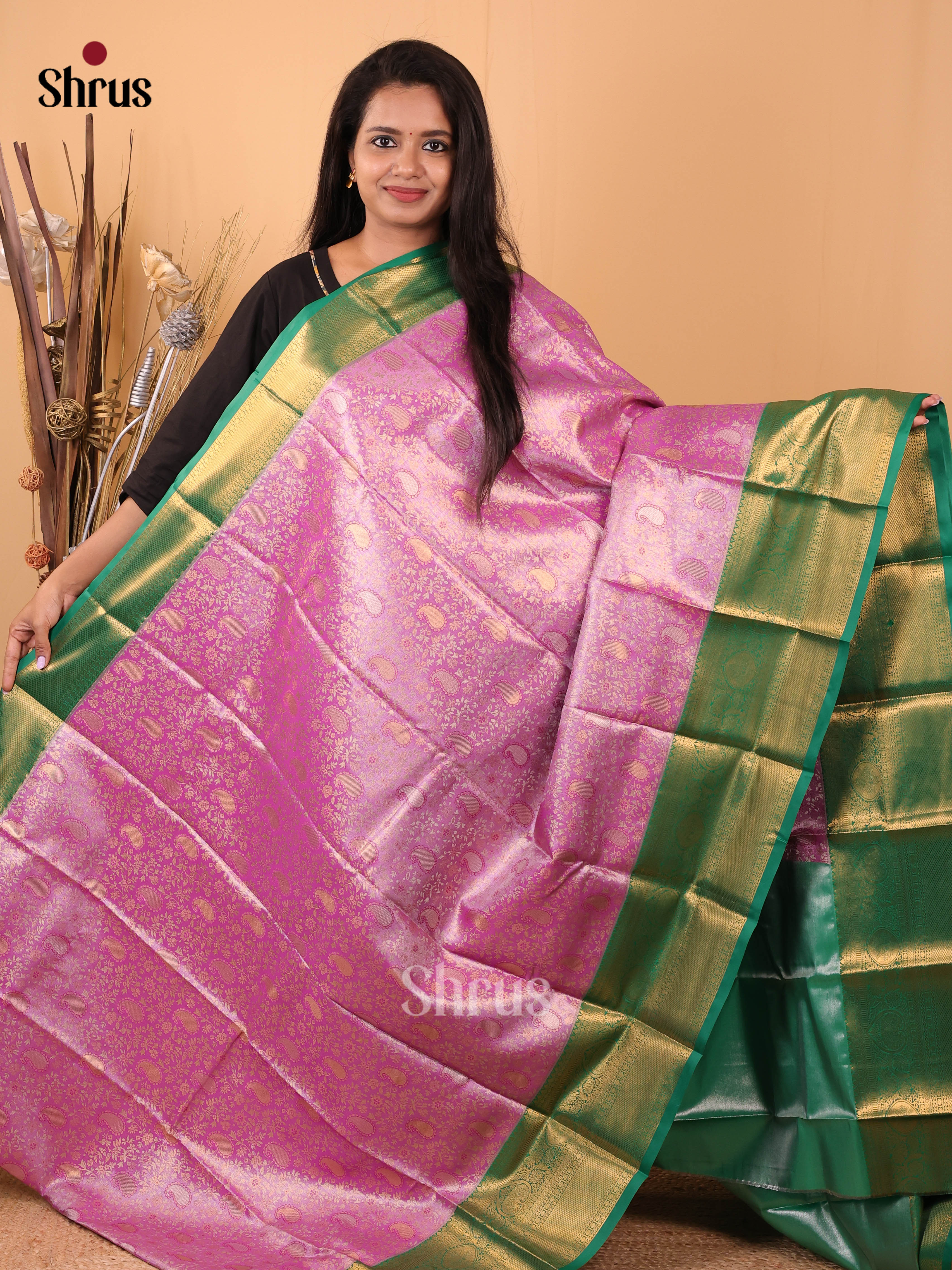 Rose Pink & Green - Kanchipuram-halfpure Saree - Shop on Shrus.com