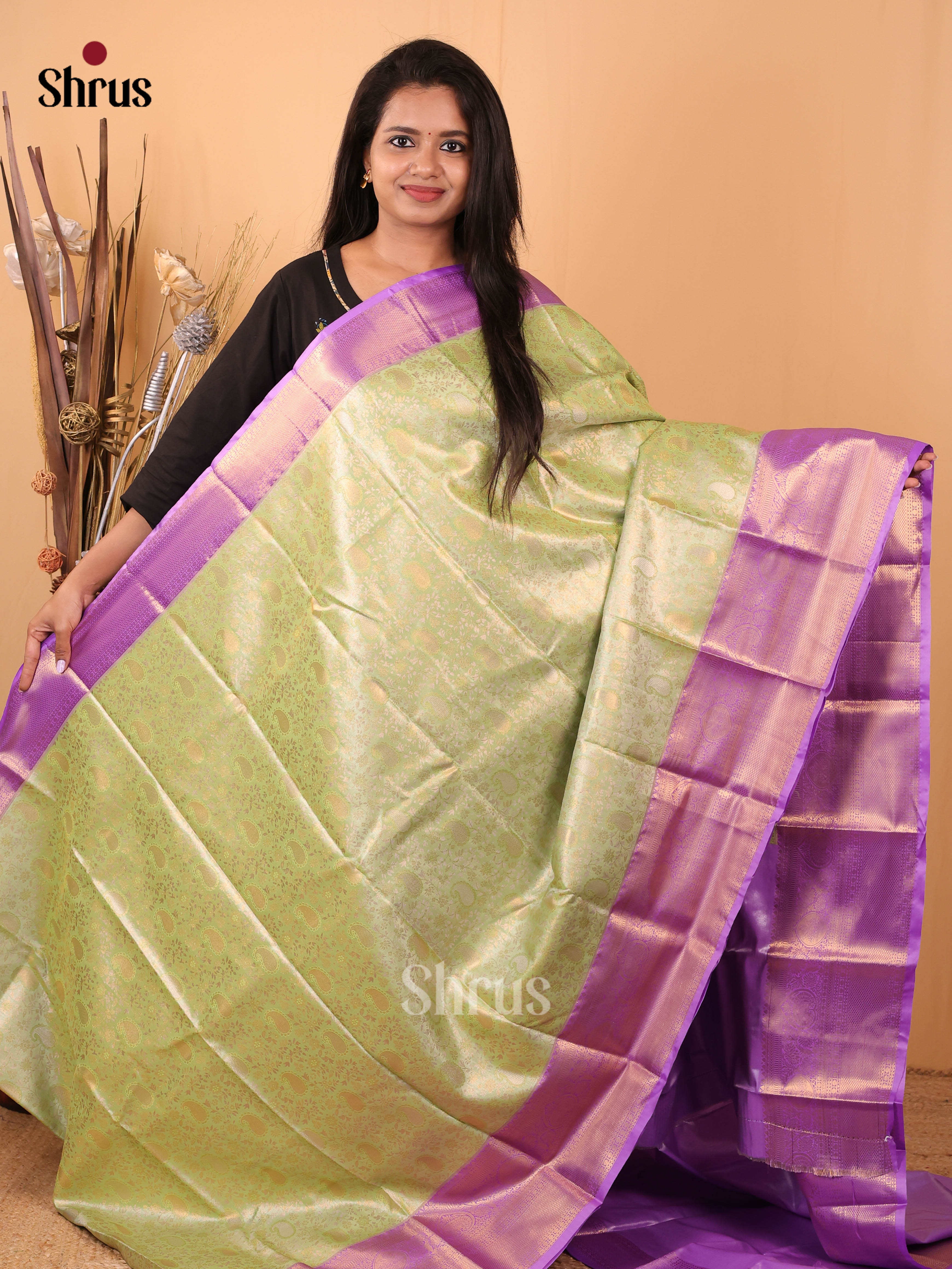 Green & Lavender - Kanchipuram-halfpure Saree - Shop on Shrus.com
