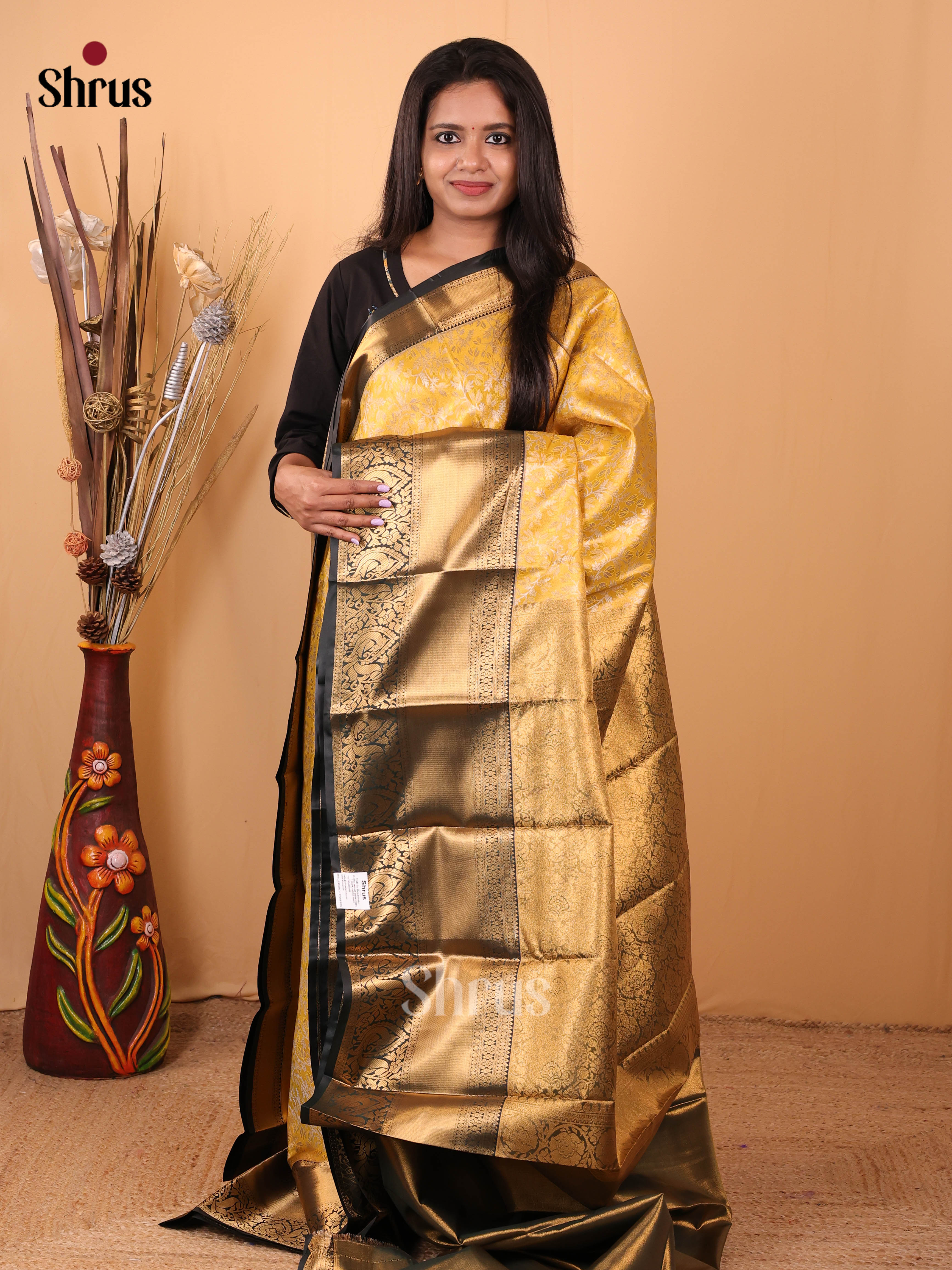 Yellow & Black- Kanchipuram-halfpure Saree - Shop on Shrus.com