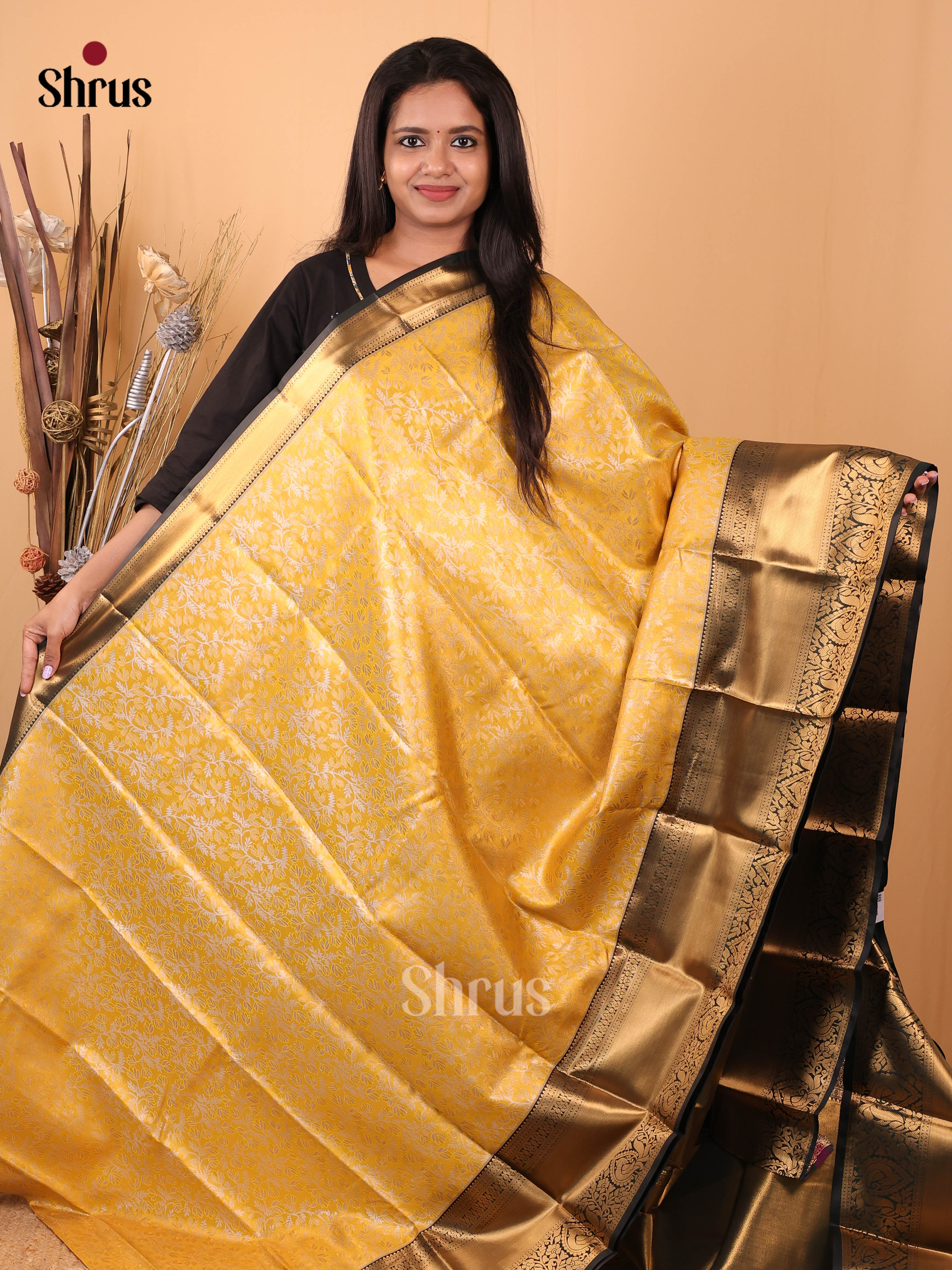 Yellow & Black- Kanchipuram-halfpure Saree - Shop on Shrus.com