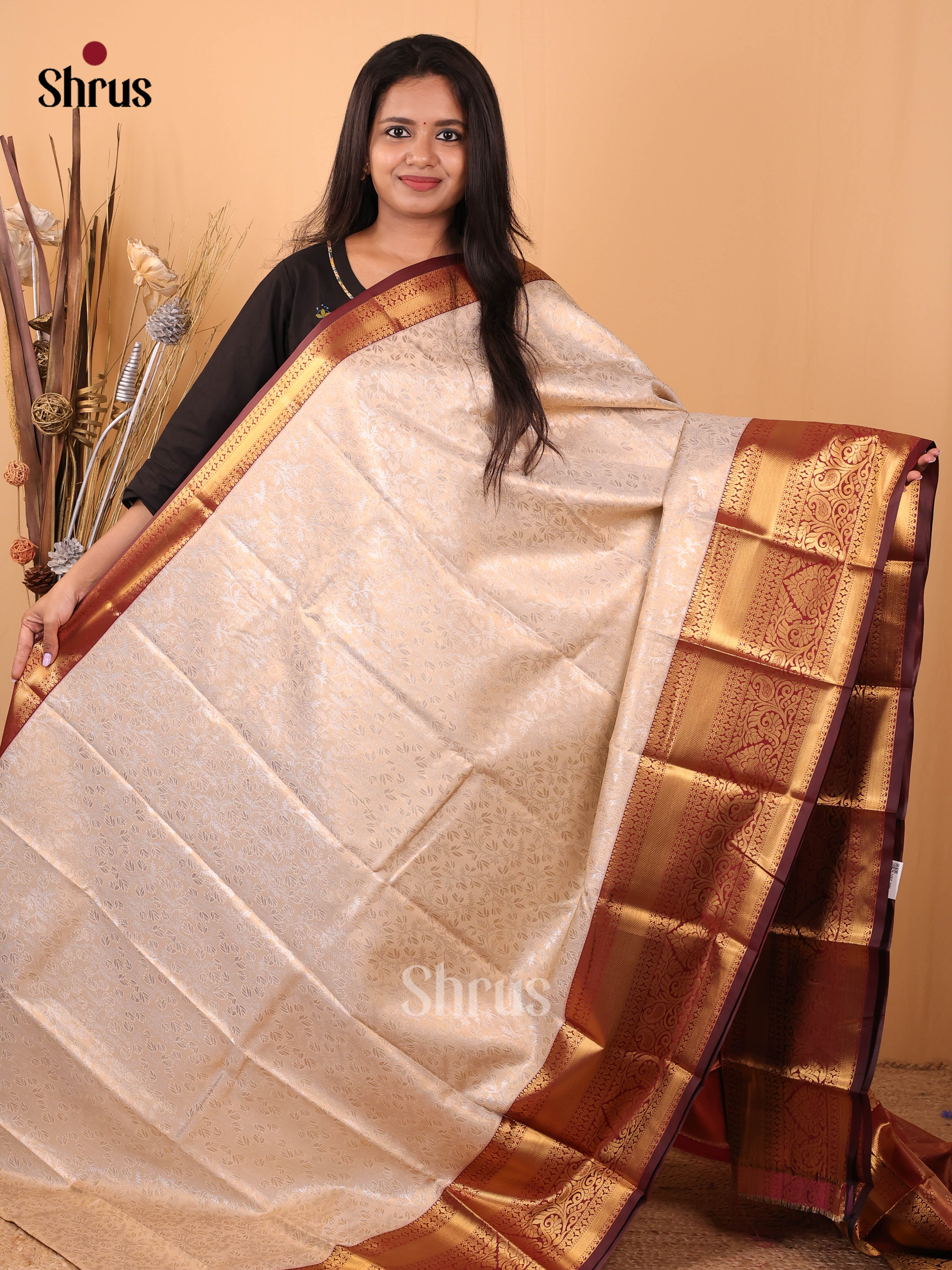 Cream & Maroon - Kanchipuram-halfpure Saree - Shop on Shrus.com