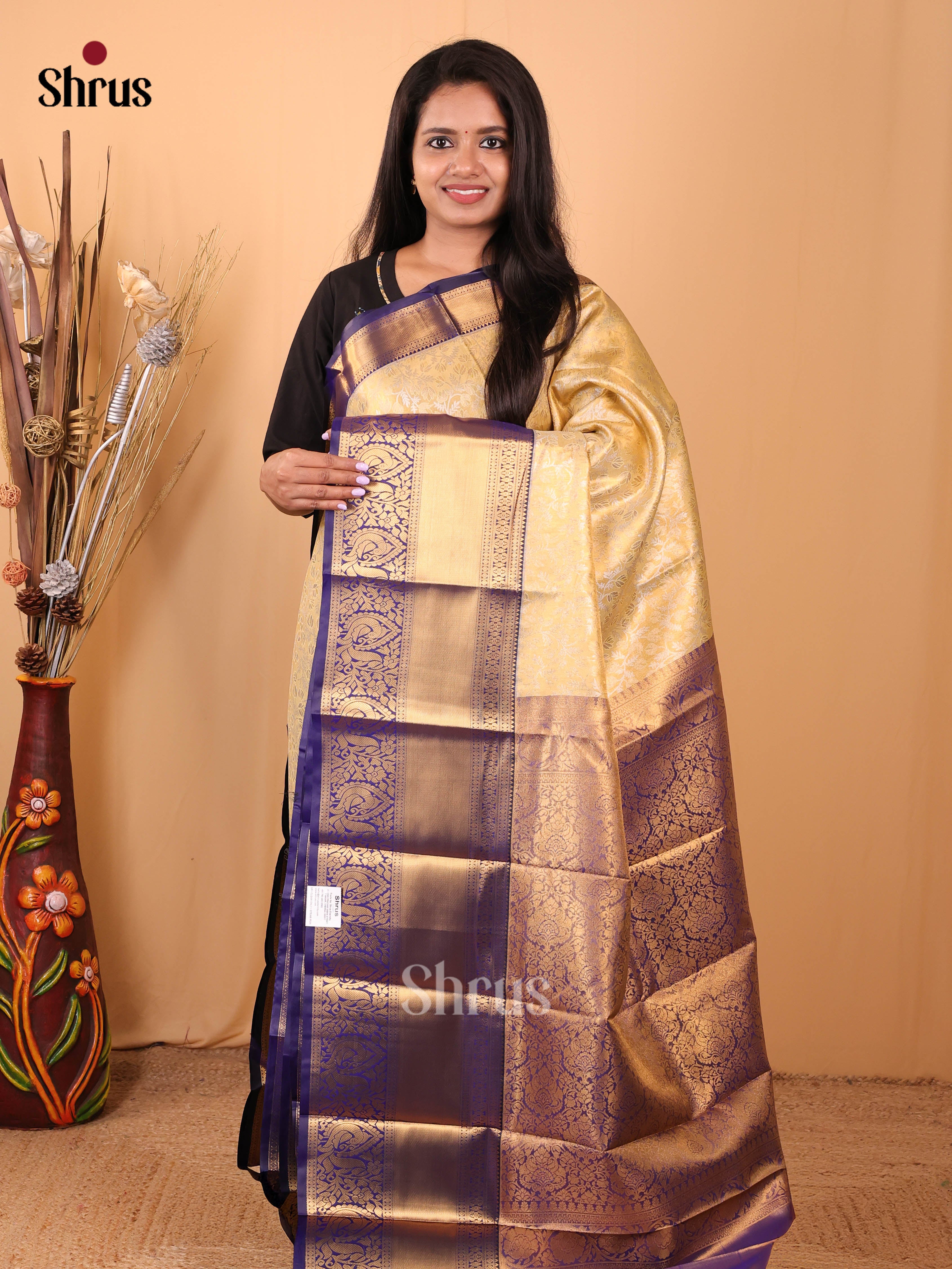 Yellow & Blue - Kanchipuram-halfpure Saree - Shop on Shrus.com