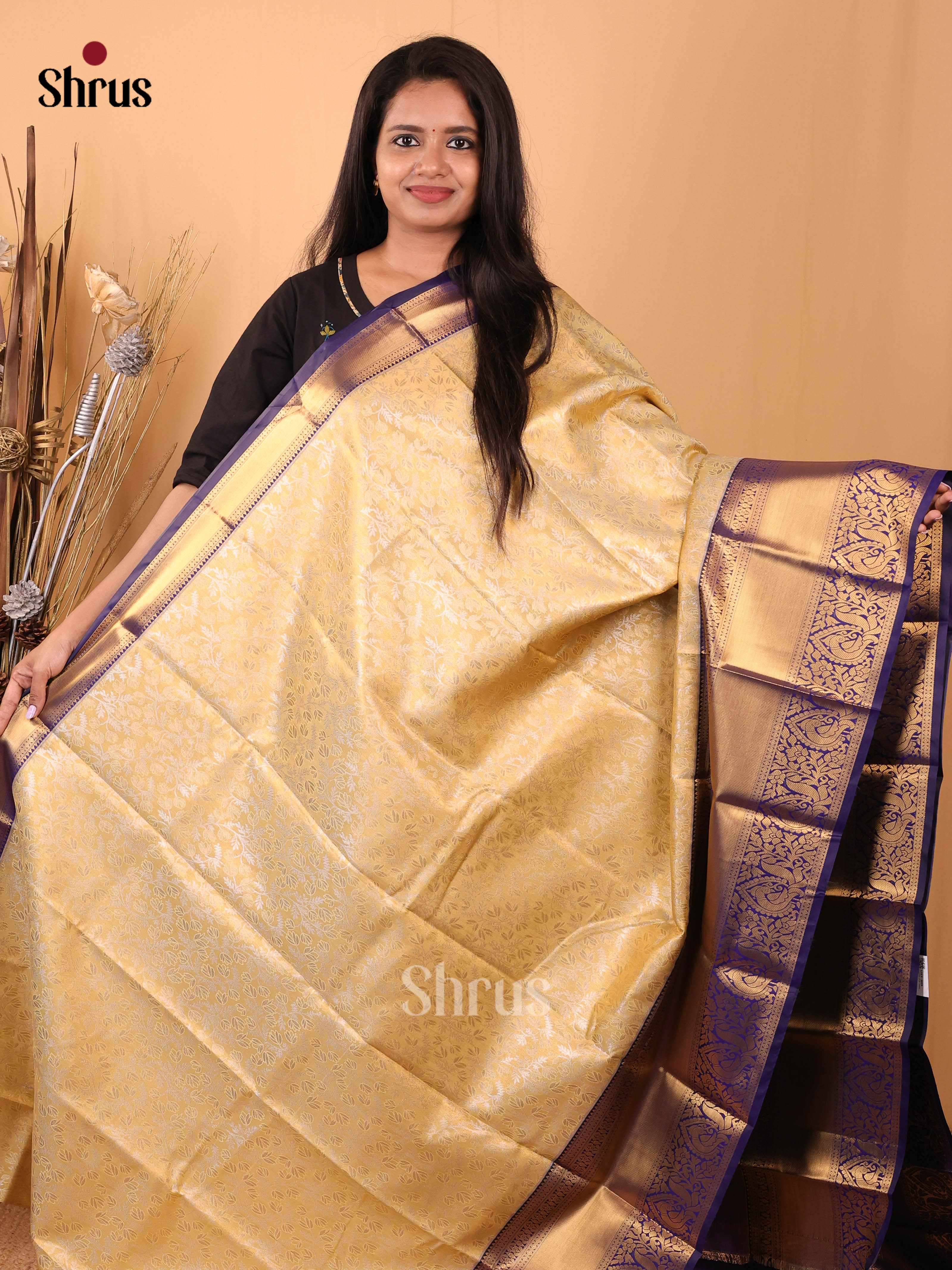 Yellow & Blue - Kanchipuram-halfpure Saree - Shop on Shrus.com
