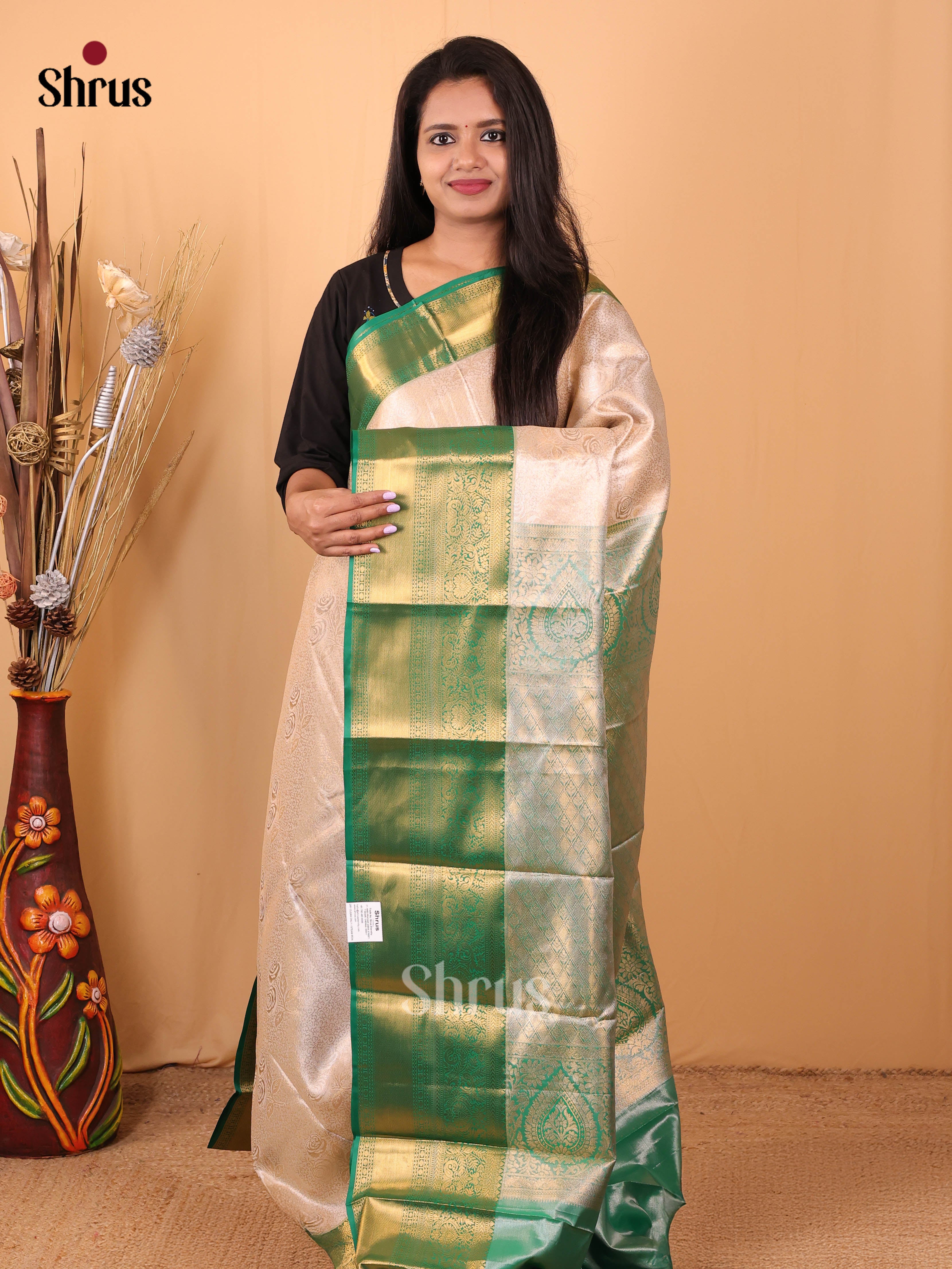 Cream & Green - Kanchipuram-halfpure Saree - Shop on Shrus.com