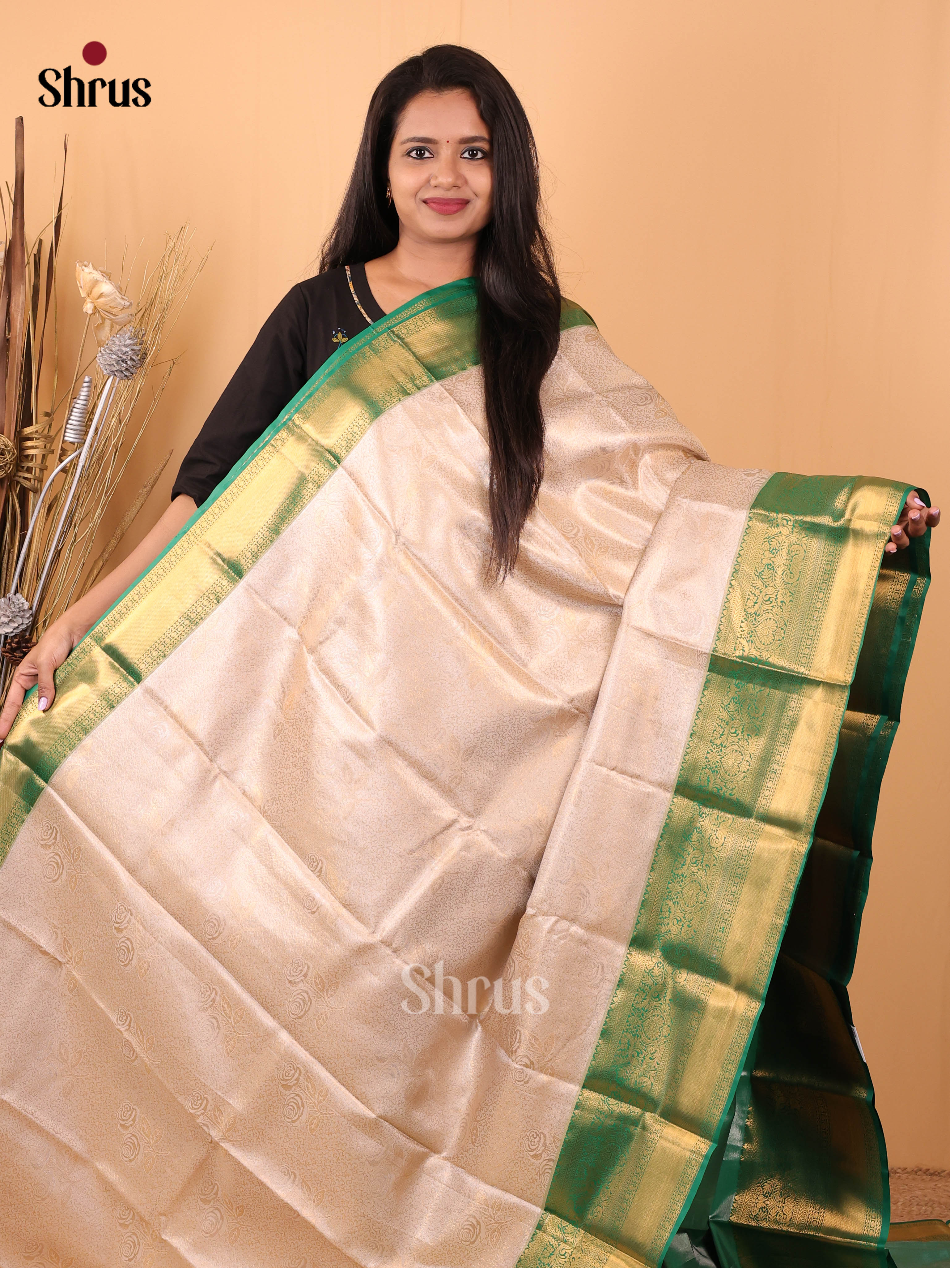 Cream & Green - Kanchipuram-halfpure Saree - Shop on Shrus.com