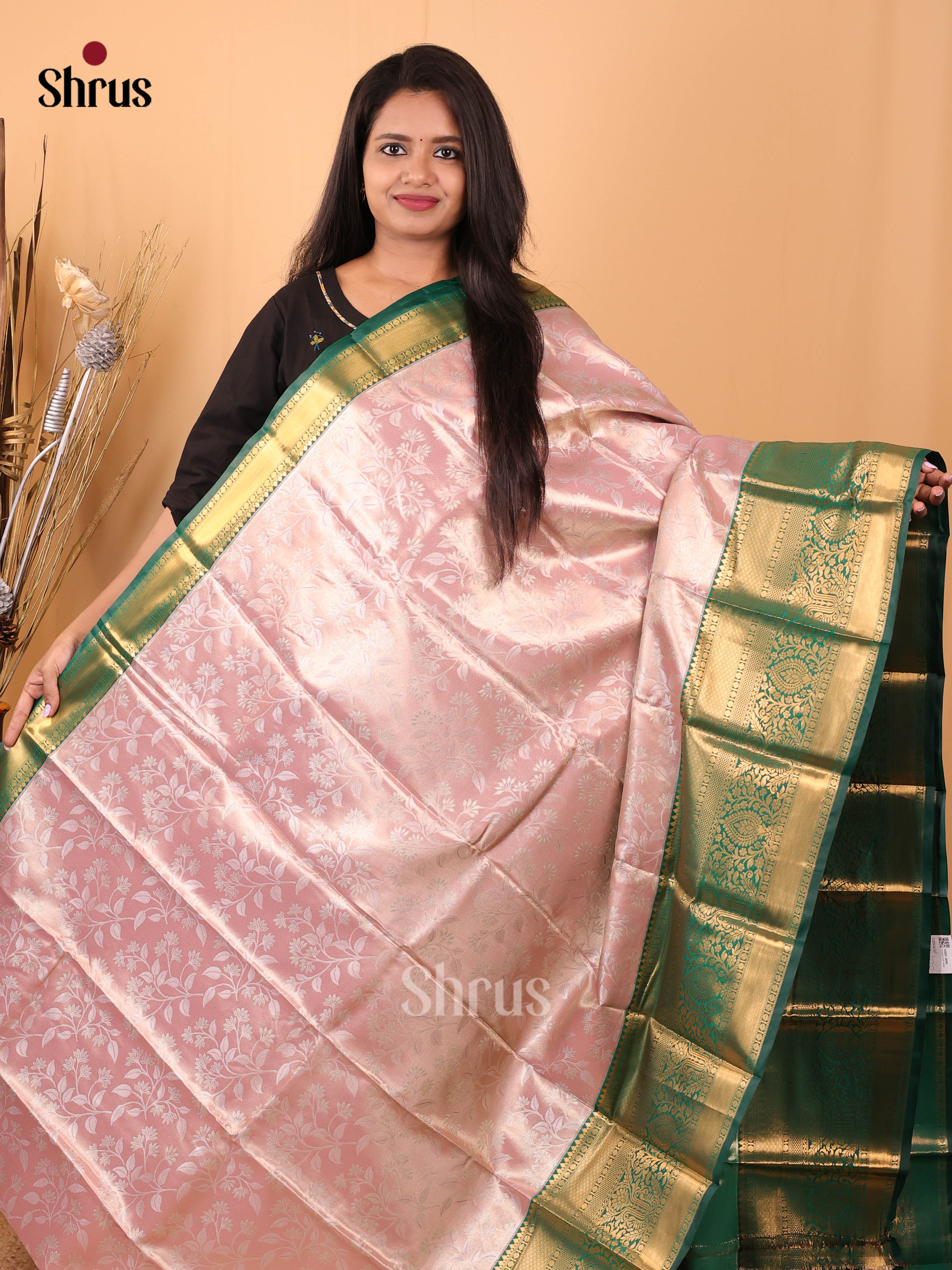 Pink & Green - Kanchipuram-halfpure Saree - Shop on Shrus.com