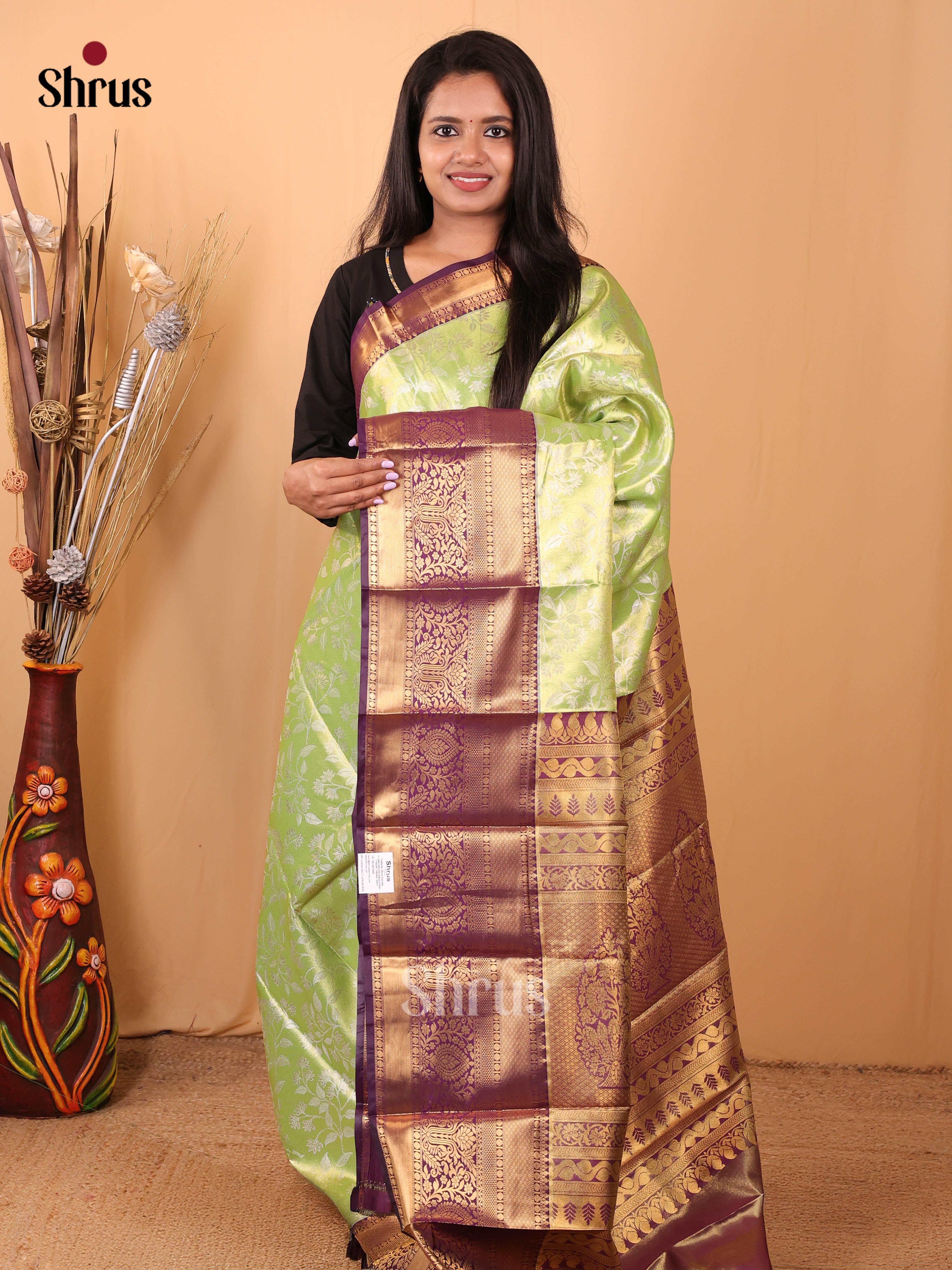 Lite Green & Violet - Kanchipuram-halfpure Saree - Shop on Shrus.com