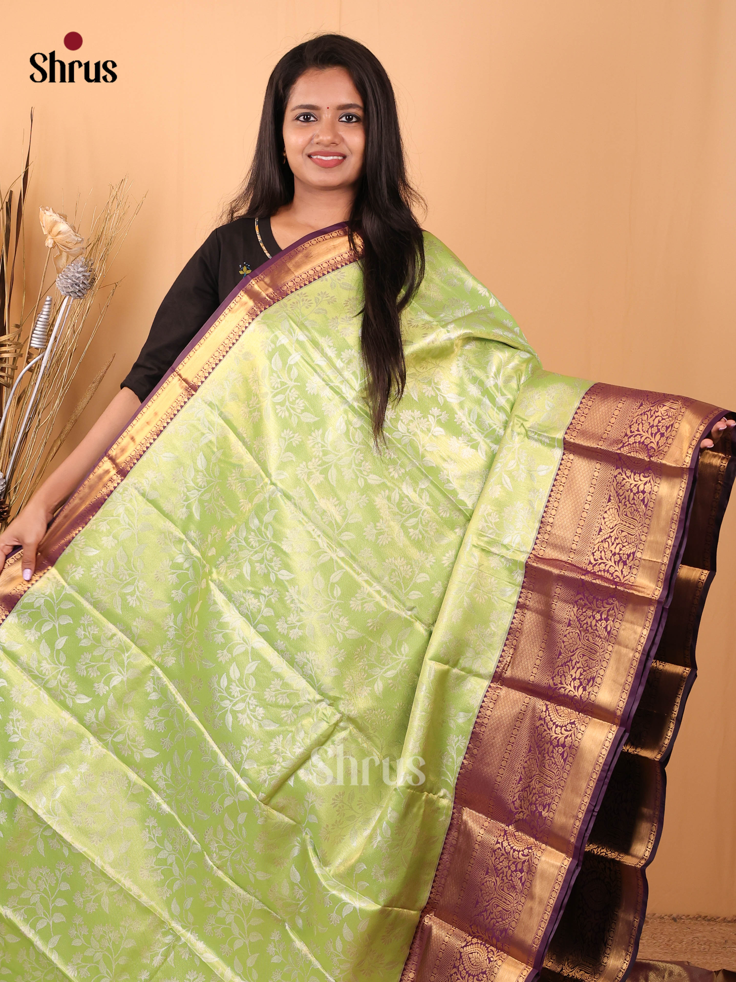 Lite Green & Violet - Kanchipuram-halfpure Saree - Shop on Shrus.com
